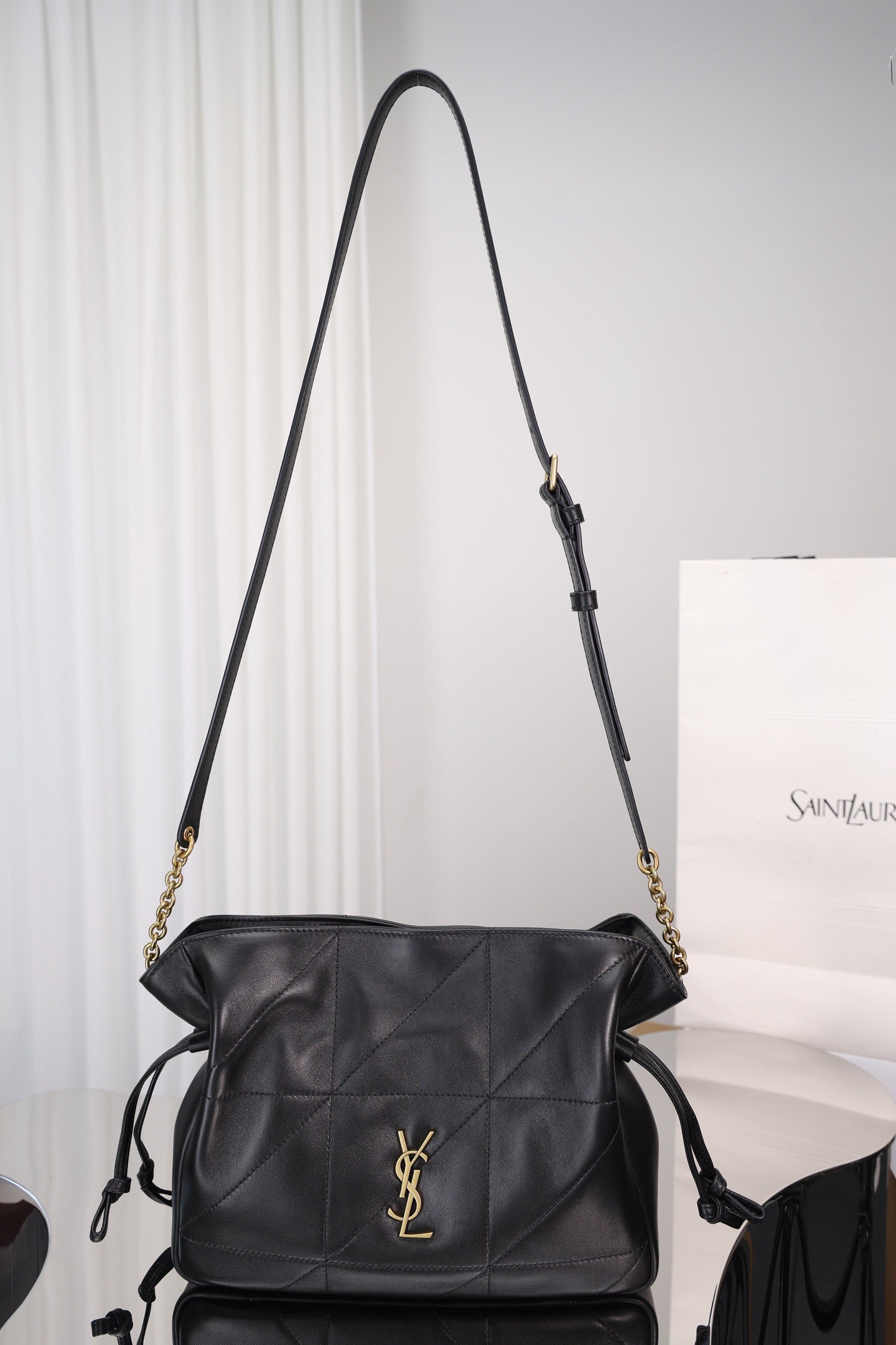 Saint Laurent Jamie Shoulder Bag Small — Black Nappa Lambskin with Antique Gold Hardware