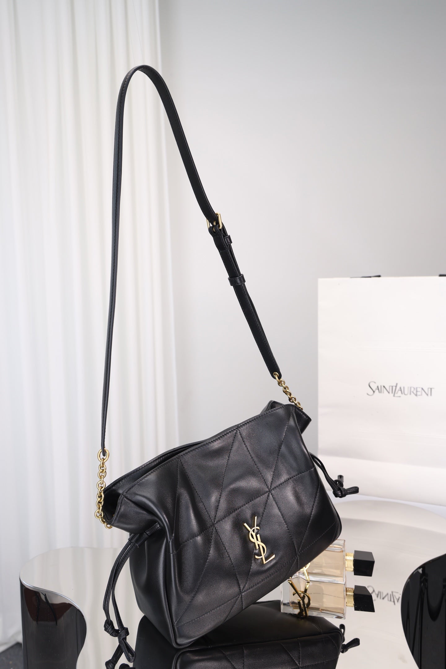Saint Laurent Jamie Shoulder Bag Small — Black Nappa Lambskin with Antique Gold Hardware