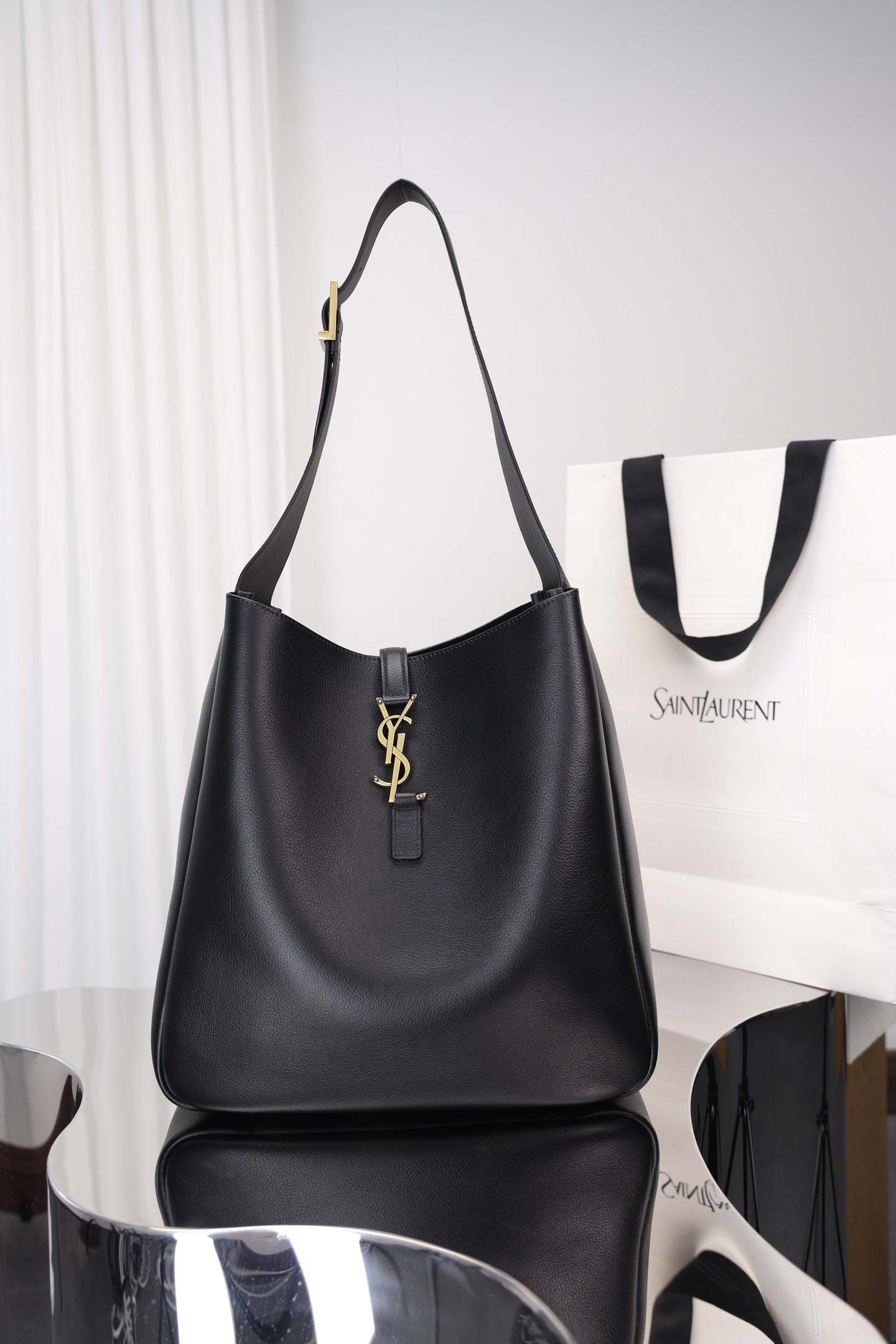 Saint Laurent Le 5 à 7 Hobo Large — Black Grained Leather with Antique Gold Hardware