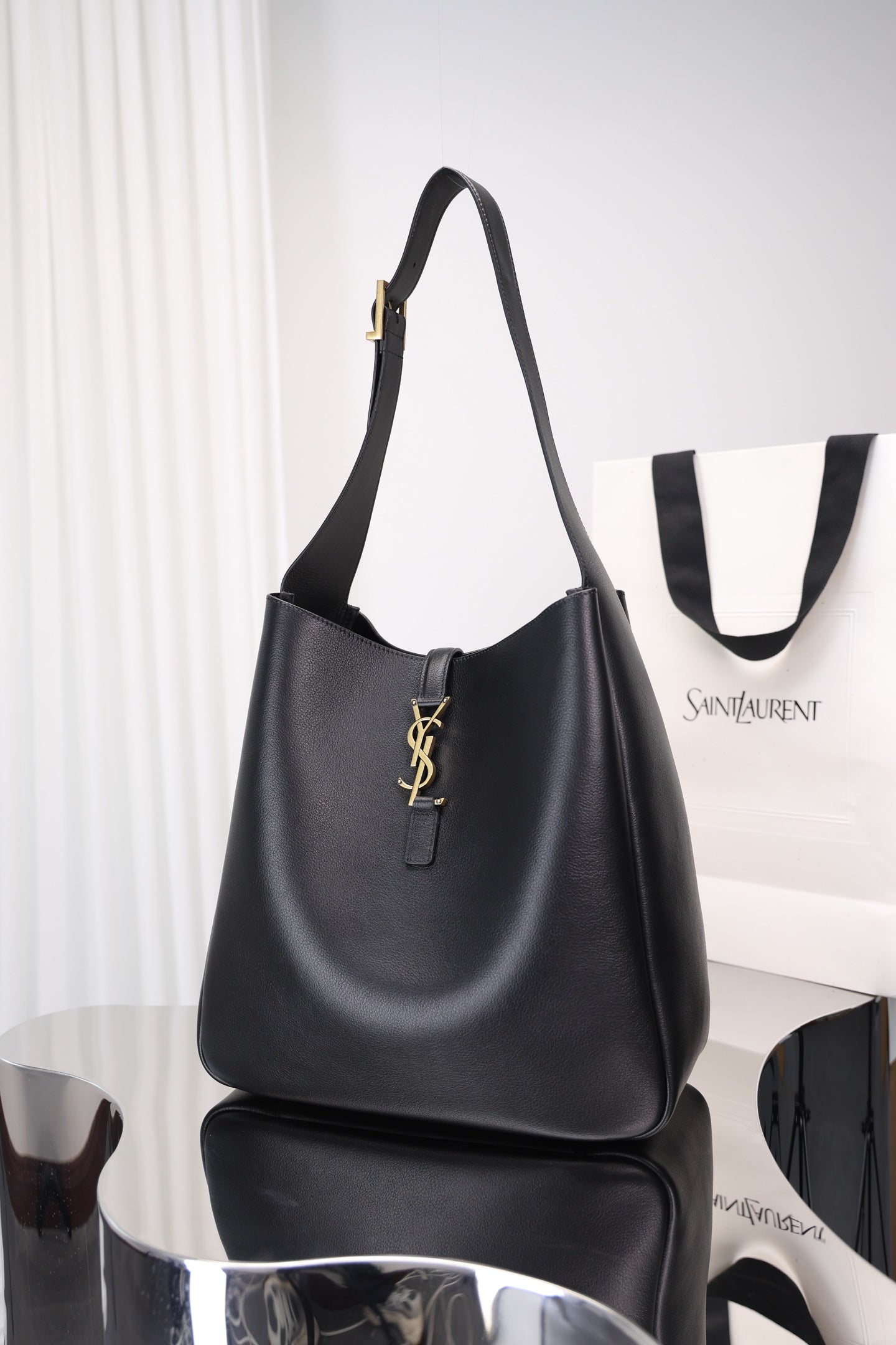 Saint Laurent Le 5 à 7 Hobo Large — Black Grained Leather with Antique Gold Hardware