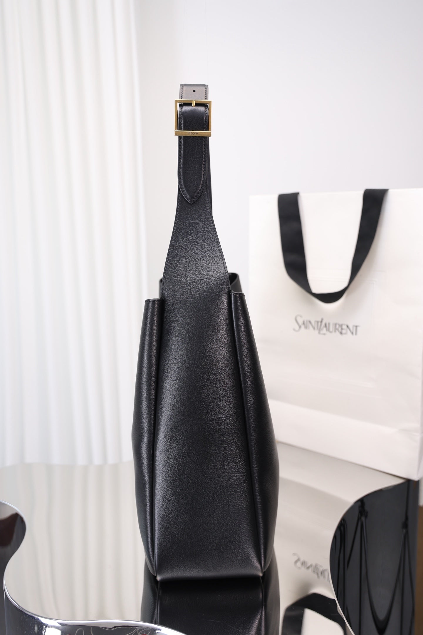 Saint Laurent Le 5 à 7 Hobo Large — Black Grained Leather with Antique Gold Hardware
