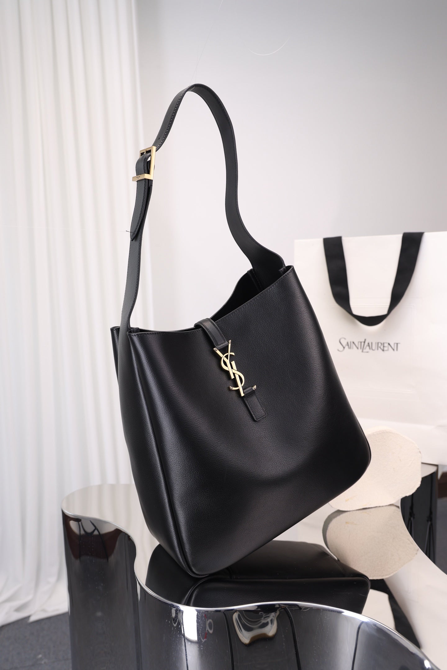 Saint Laurent Le 5 à 7 Hobo Large — Black Grained Leather with Antique Gold Hardware