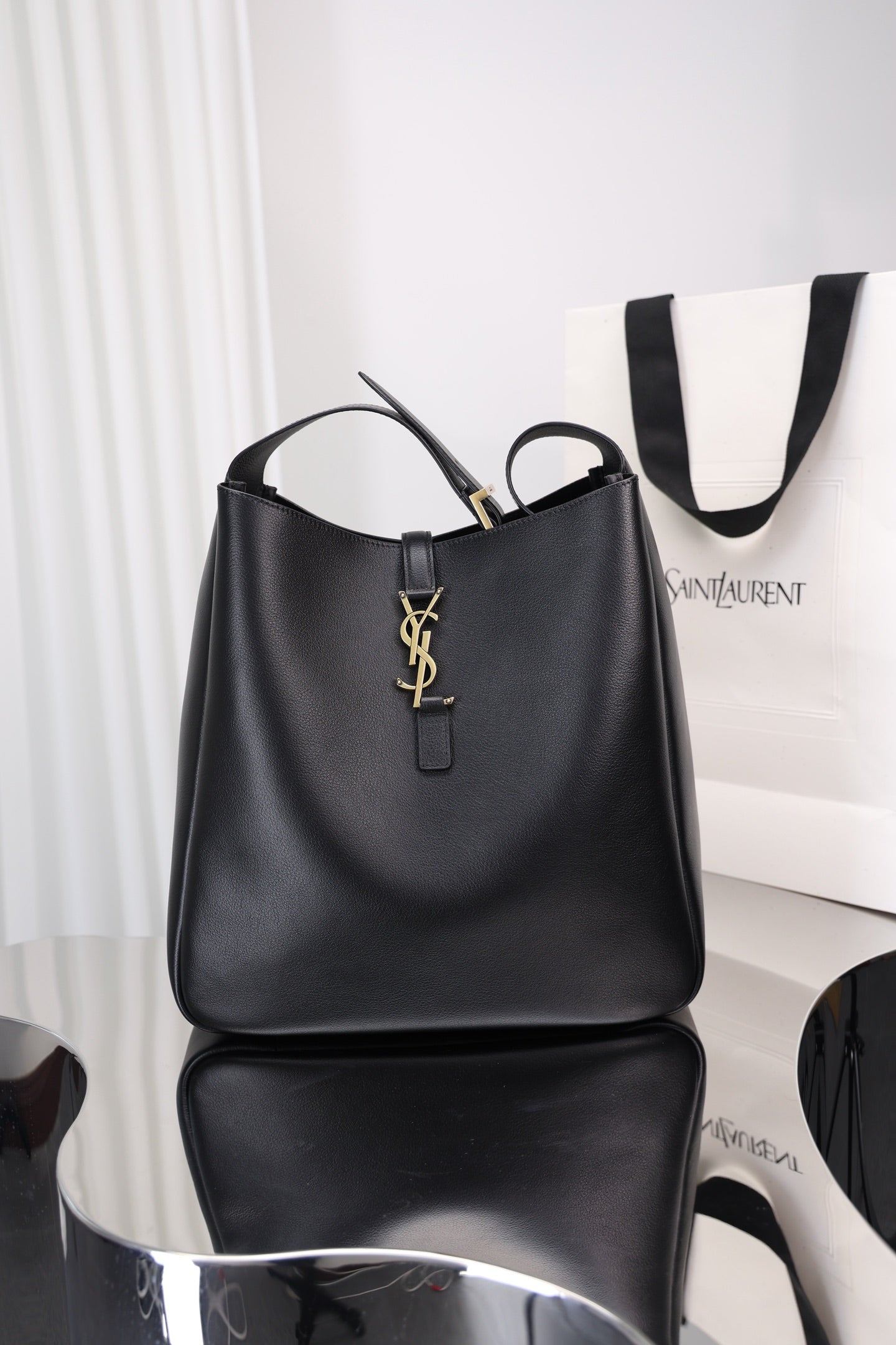 Saint Laurent Le 5 à 7 Hobo Large — Black Grained Leather with Antique Gold Hardware