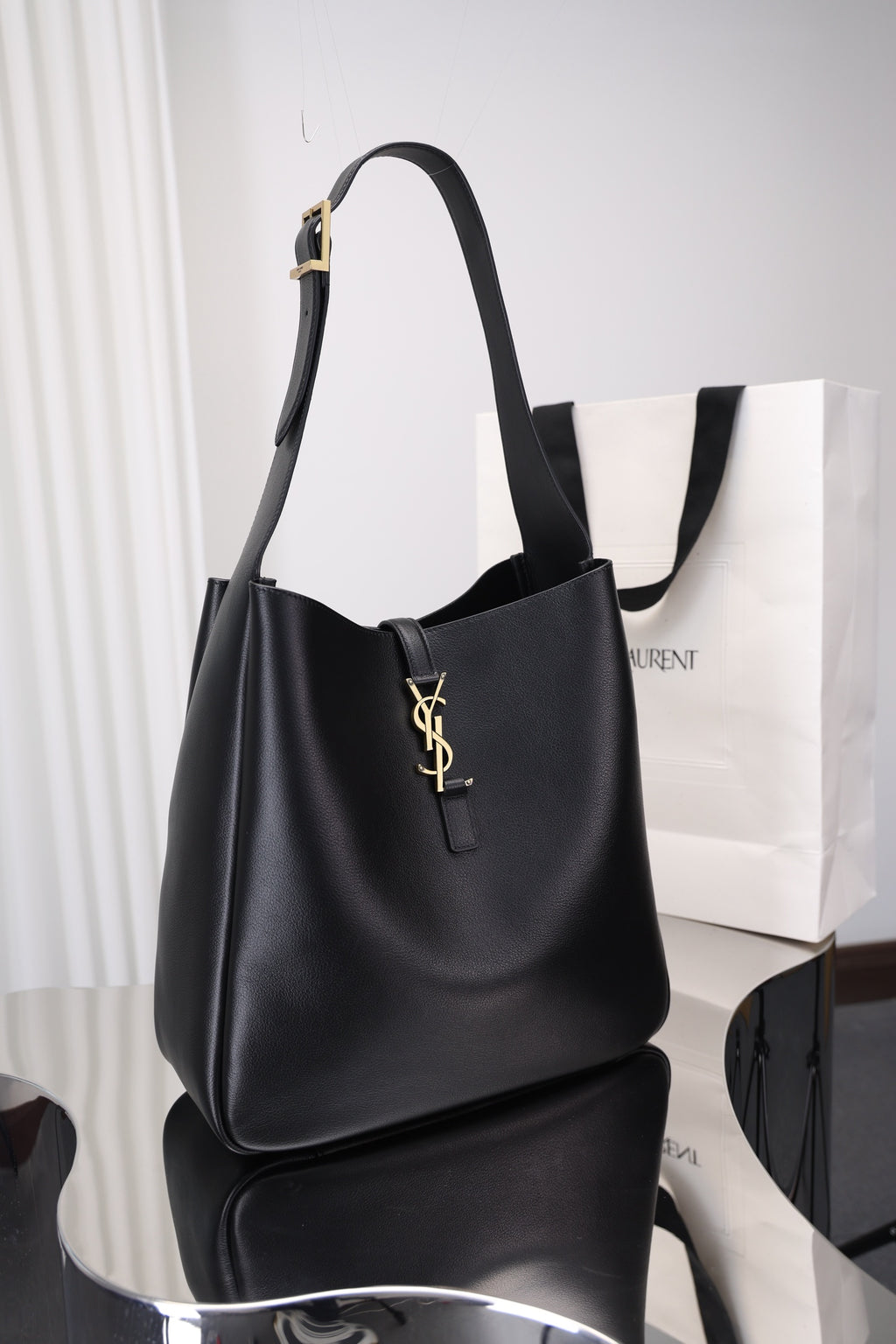 Saint Laurent Le 5 à 7 Hobo Large — Black Grained Leather with Antique Gold Hardware