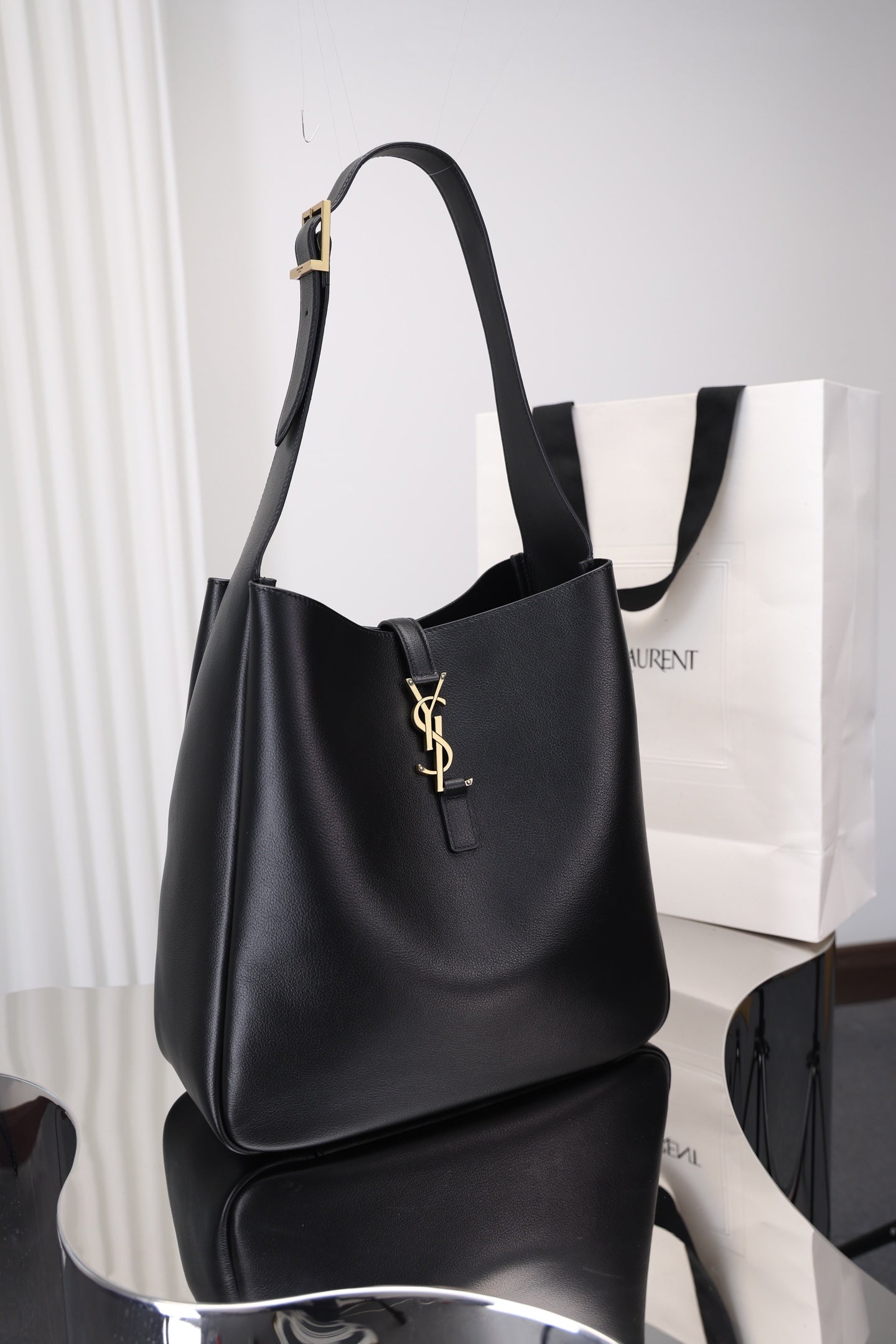 Saint Laurent Le 5 à 7 Hobo Large — Black Grained Leather with Antique Gold Hardware