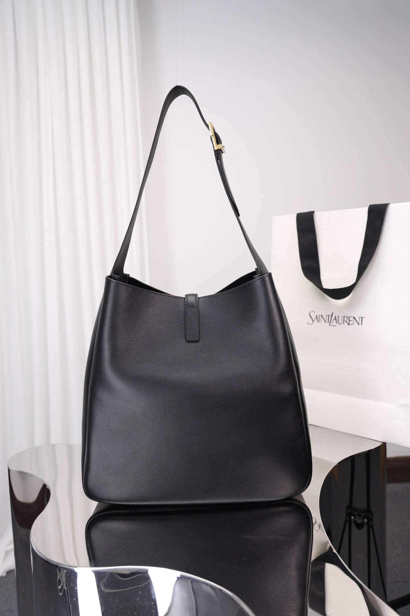 Saint Laurent Le 5 à 7 Hobo Large — Black Grained Leather with Antique Gold Hardware