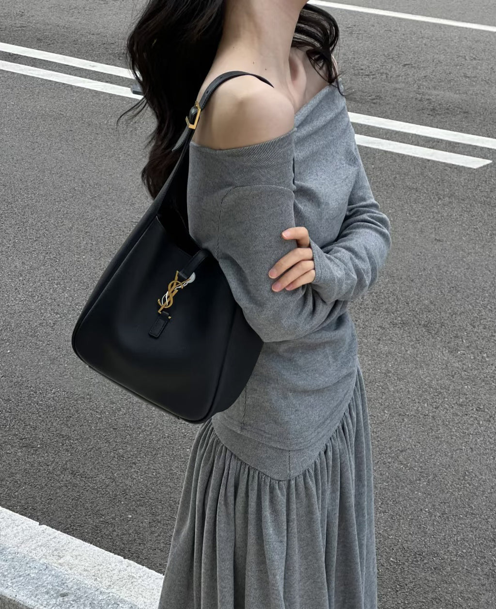 Saint Laurent Le 5 à 7 Hobo Small — Black Grained Leather with Silver Hardware