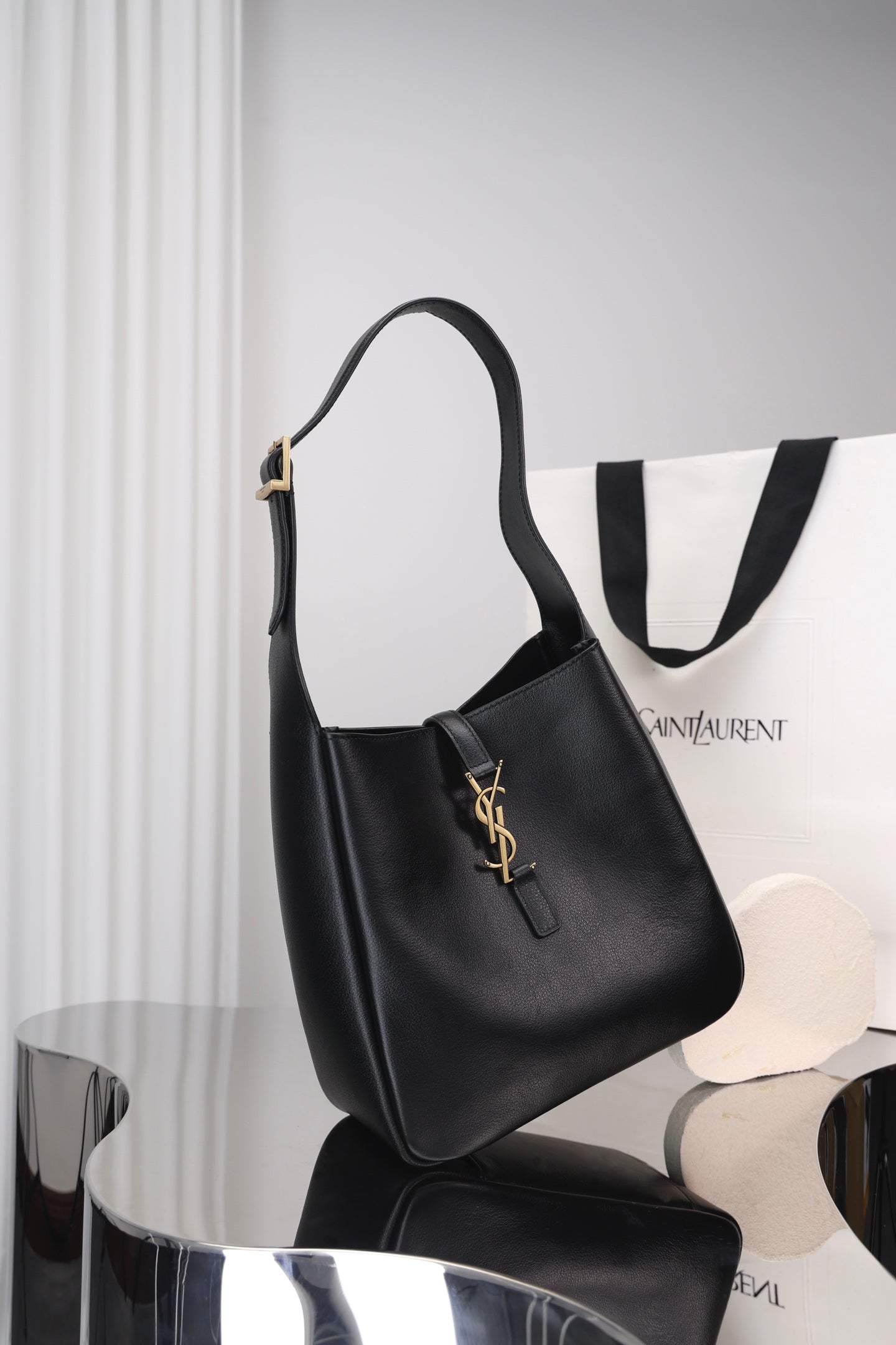 Saint Laurent Le 5 à 7 Hobo Small — Black Grained Leather with Silver Hardware