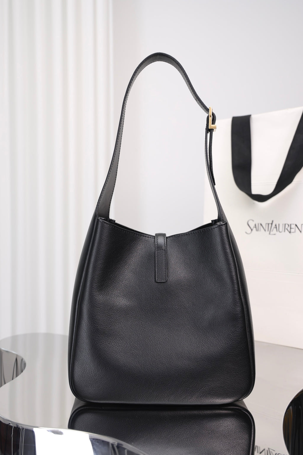 Saint Laurent Le 5 à 7 Hobo Small — Black Grained Leather with Silver Hardware