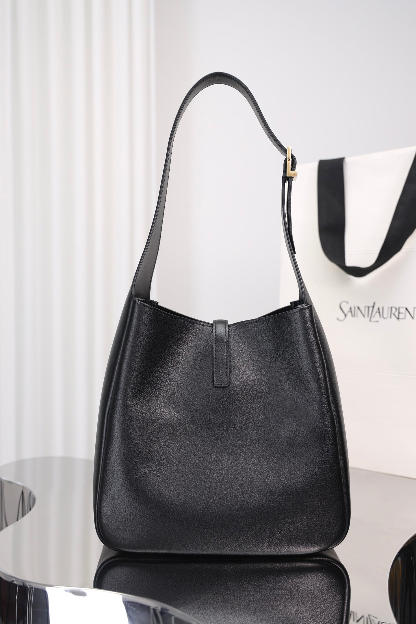 Saint Laurent Le 5 à 7 Hobo Small — Black Grained Leather with Silver Hardware