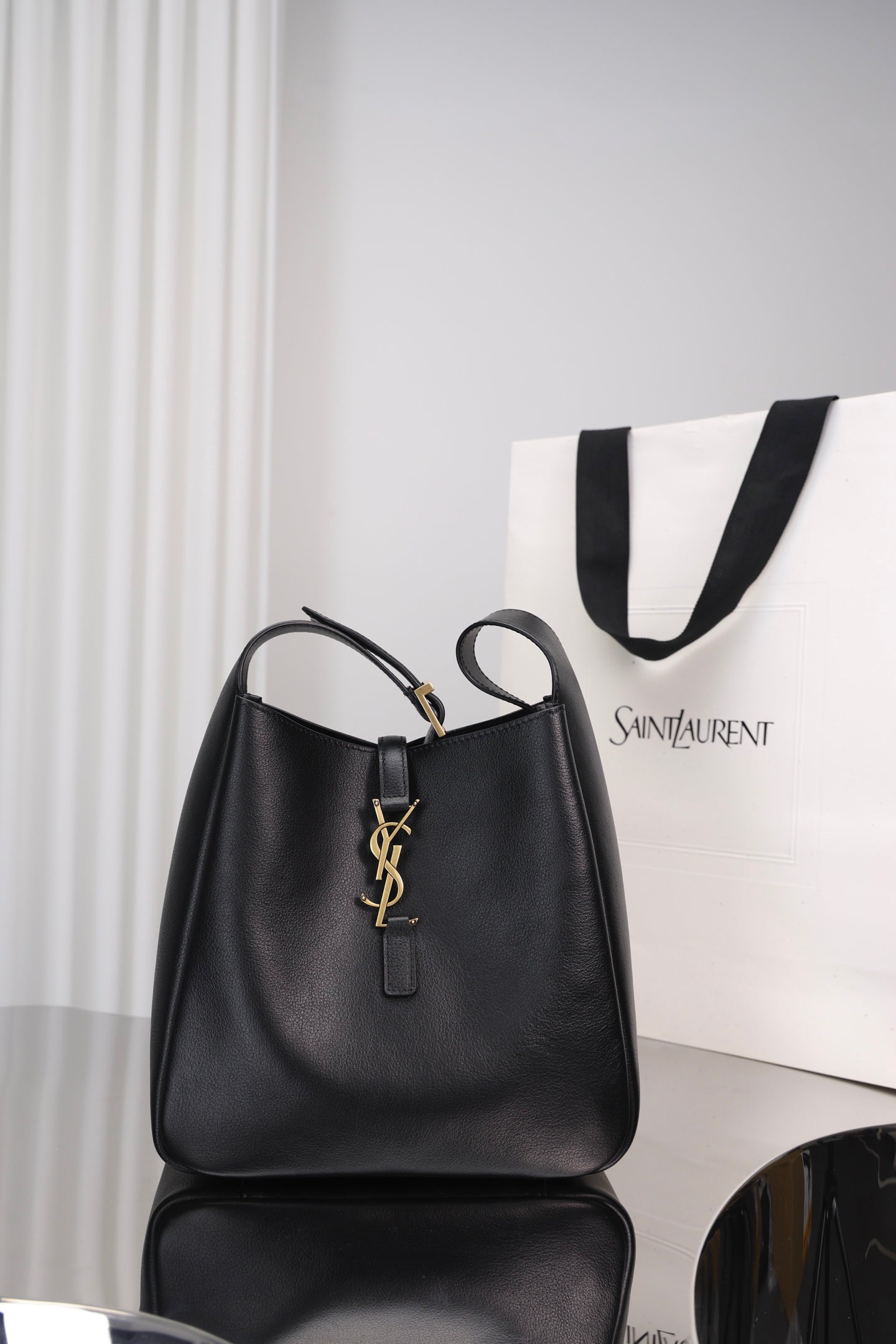 Saint Laurent Le 5 à 7 Hobo Small — Black Grained Leather with Silver Hardware