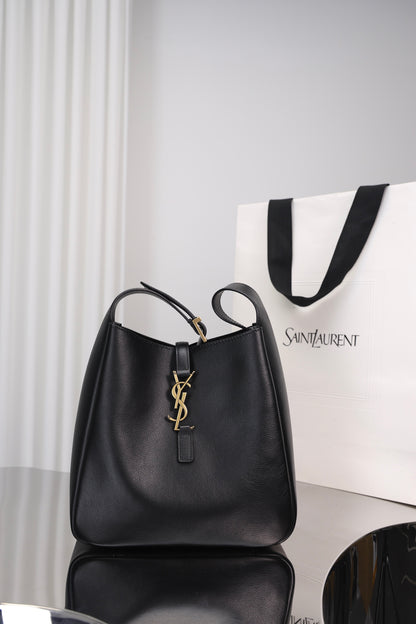 Saint Laurent Le 5 à 7 Hobo Small — Black Grained Leather with Silver Hardware