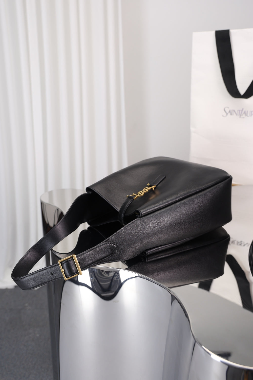 Saint Laurent Le 5 à 7 Hobo Small — Black Grained Leather with Silver Hardware
