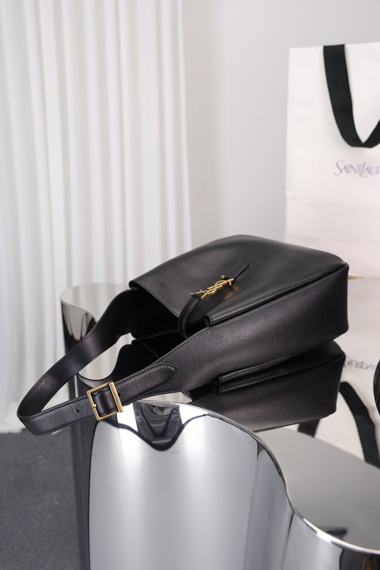 Saint Laurent Le 5 à 7 Hobo Small — Black Grained Leather with Silver Hardware