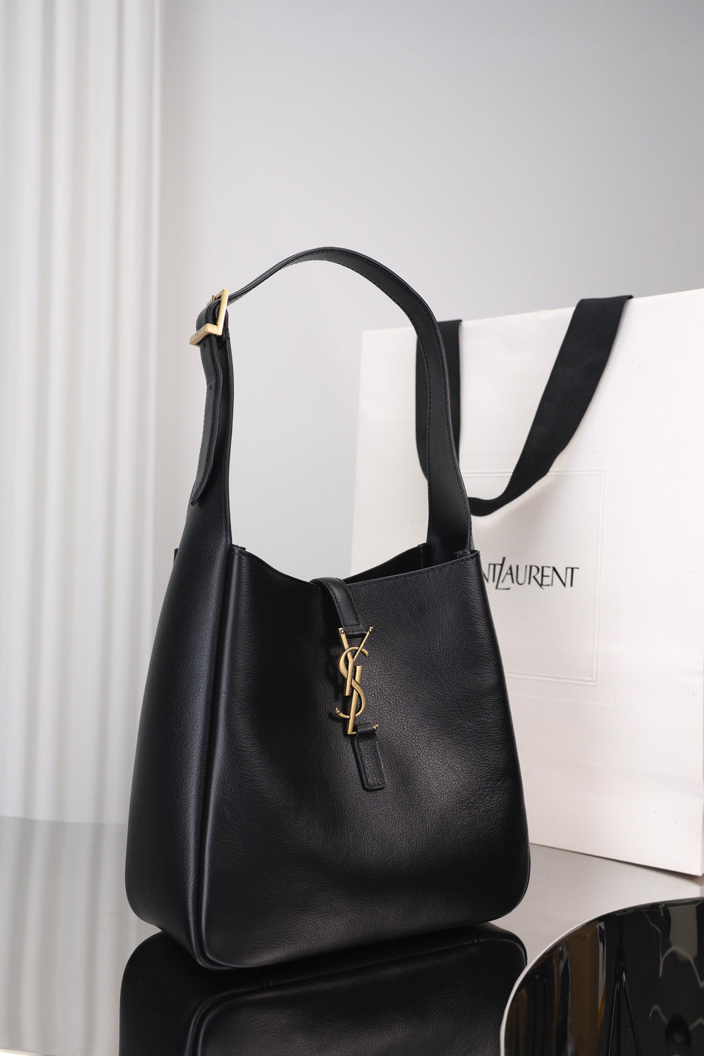 Saint Laurent Le 5 à 7 Hobo Small — Black Grained Leather with Silver Hardware