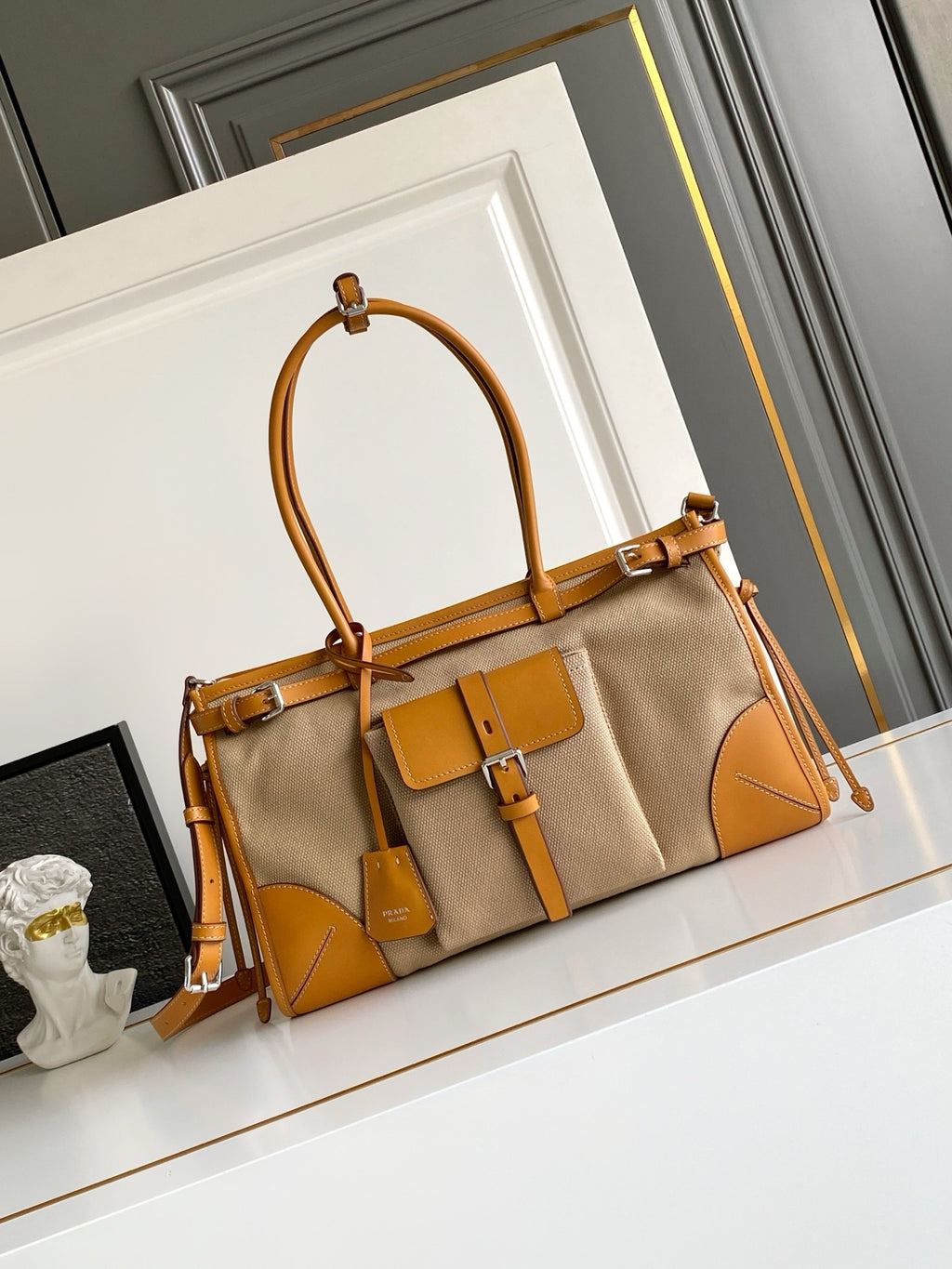 Prada Large Linen Tote Bag – Natural & Amber