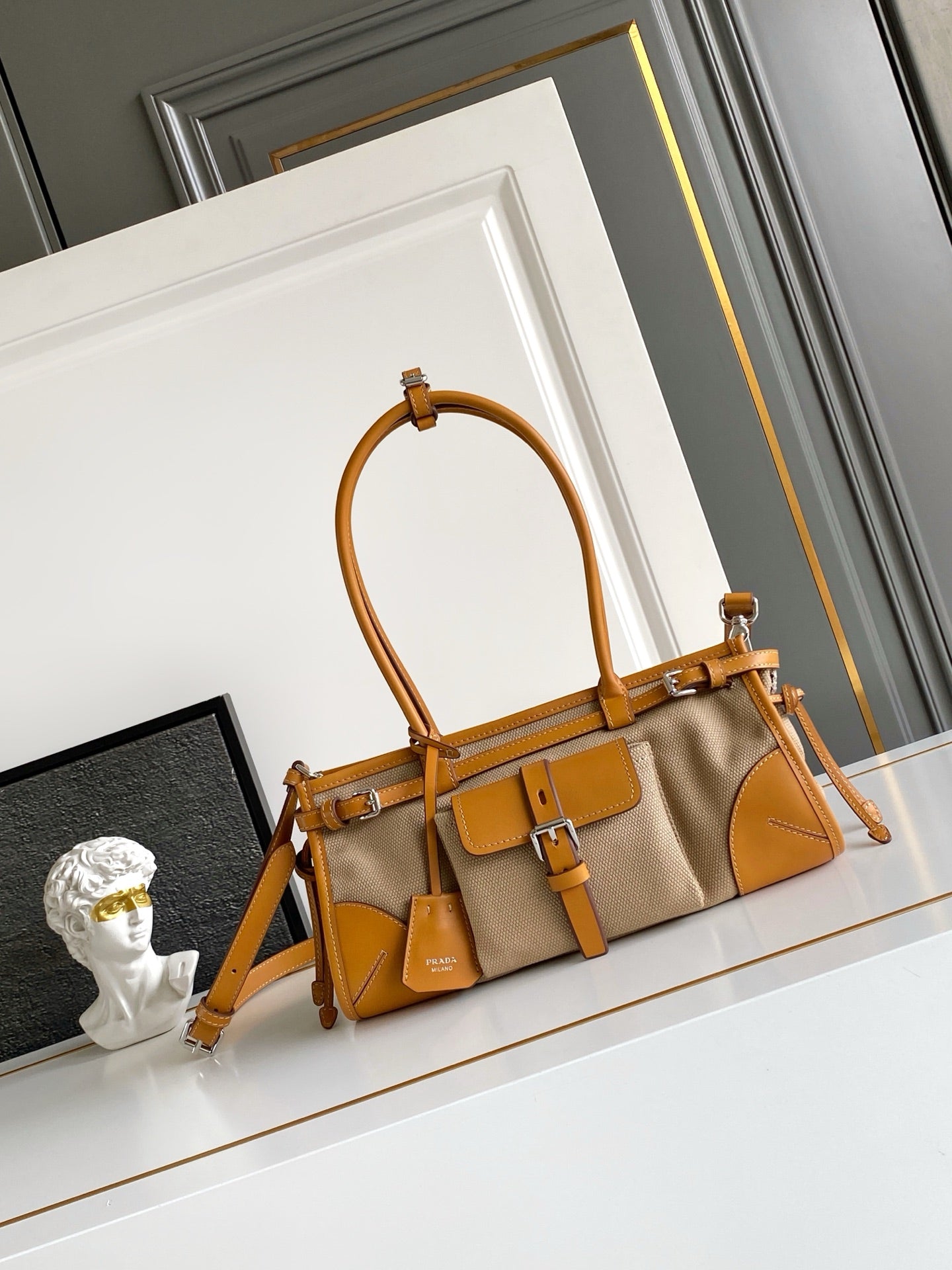 Prada Medium Linen Top Handle Bag – Natural & Amber