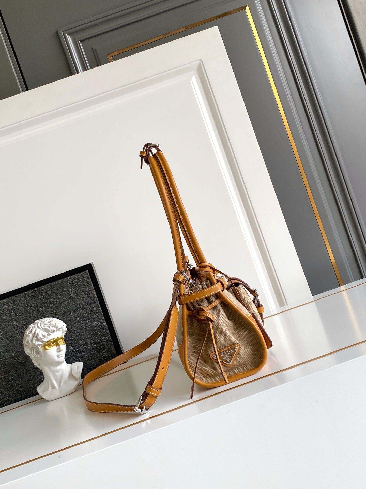 Prada Medium Linen Top Handle Bag – Natural & Amber
