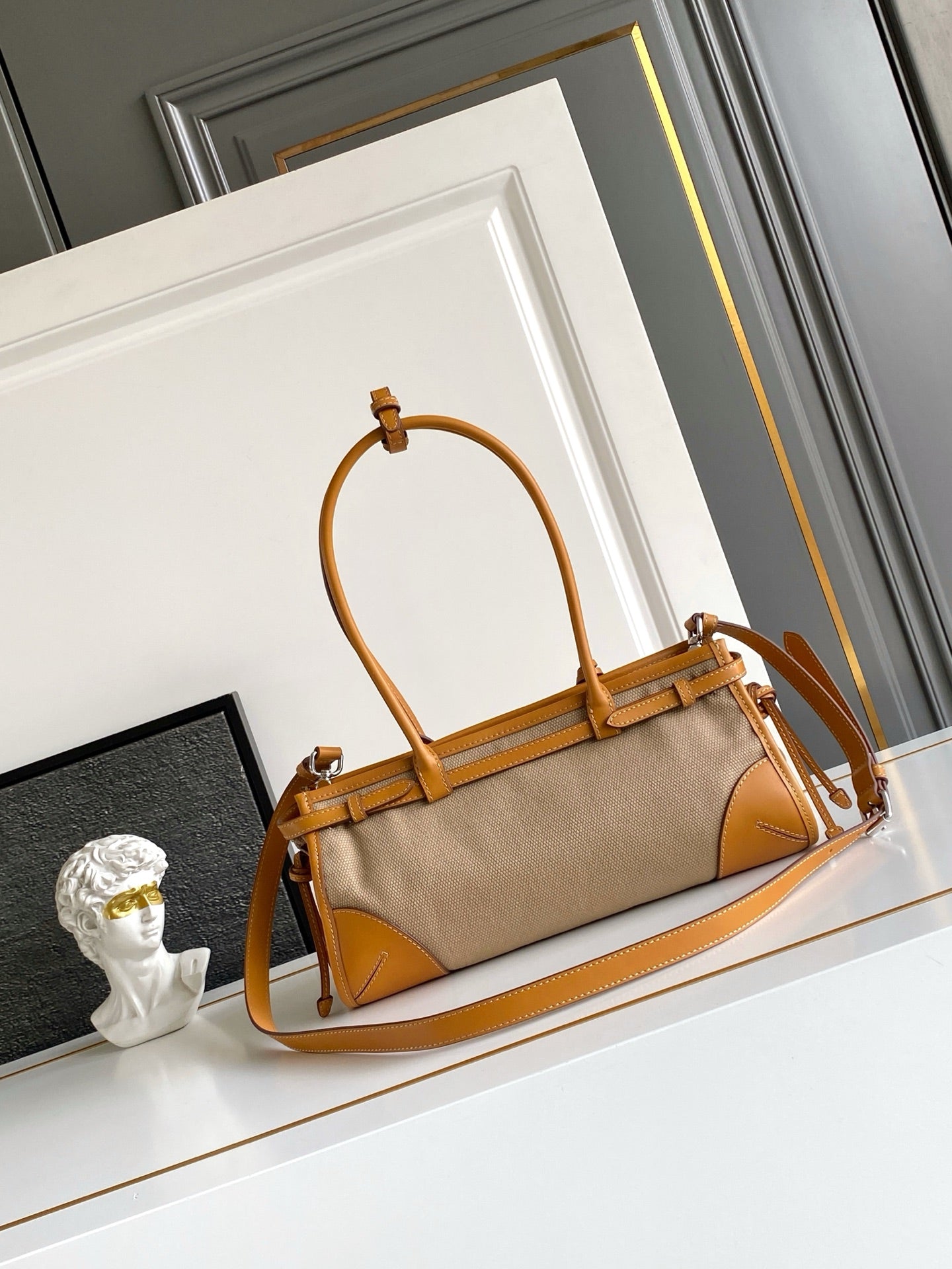 Prada Medium Linen Top Handle Bag – Natural & Amber