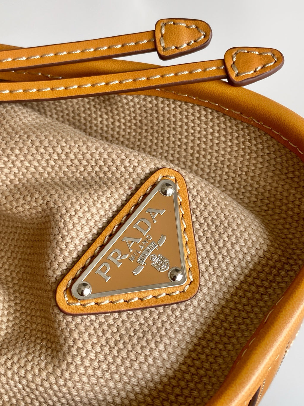 Prada Medium Linen Top Handle Bag – Natural & Amber