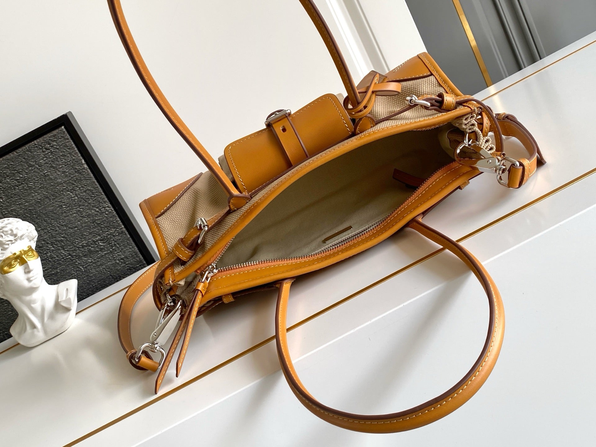 Prada Medium Linen Top Handle Bag – Natural & Amber