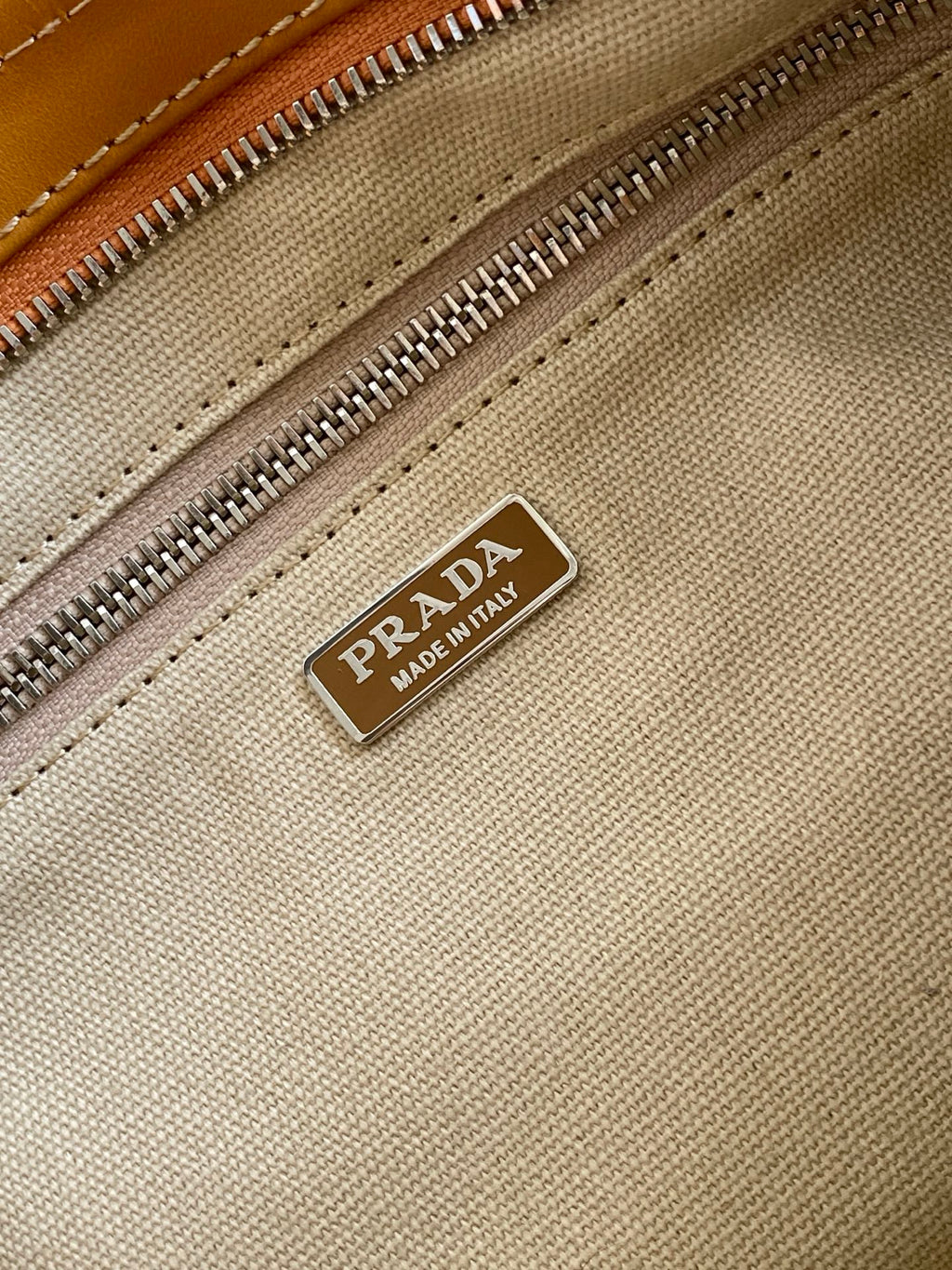 Prada Medium Linen Top Handle Bag – Natural & Amber