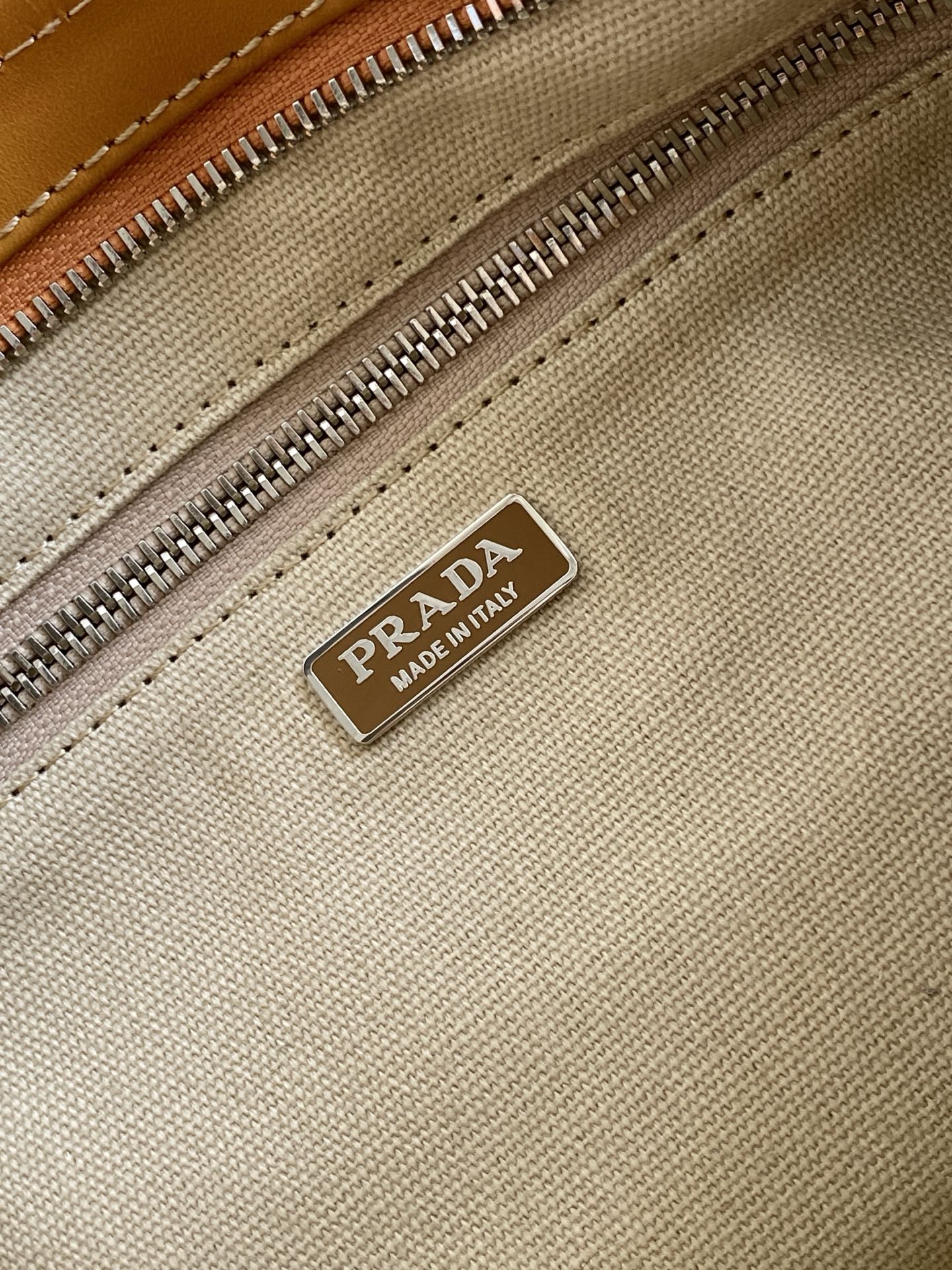 Prada Medium Linen Top Handle Bag – Natural & Amber