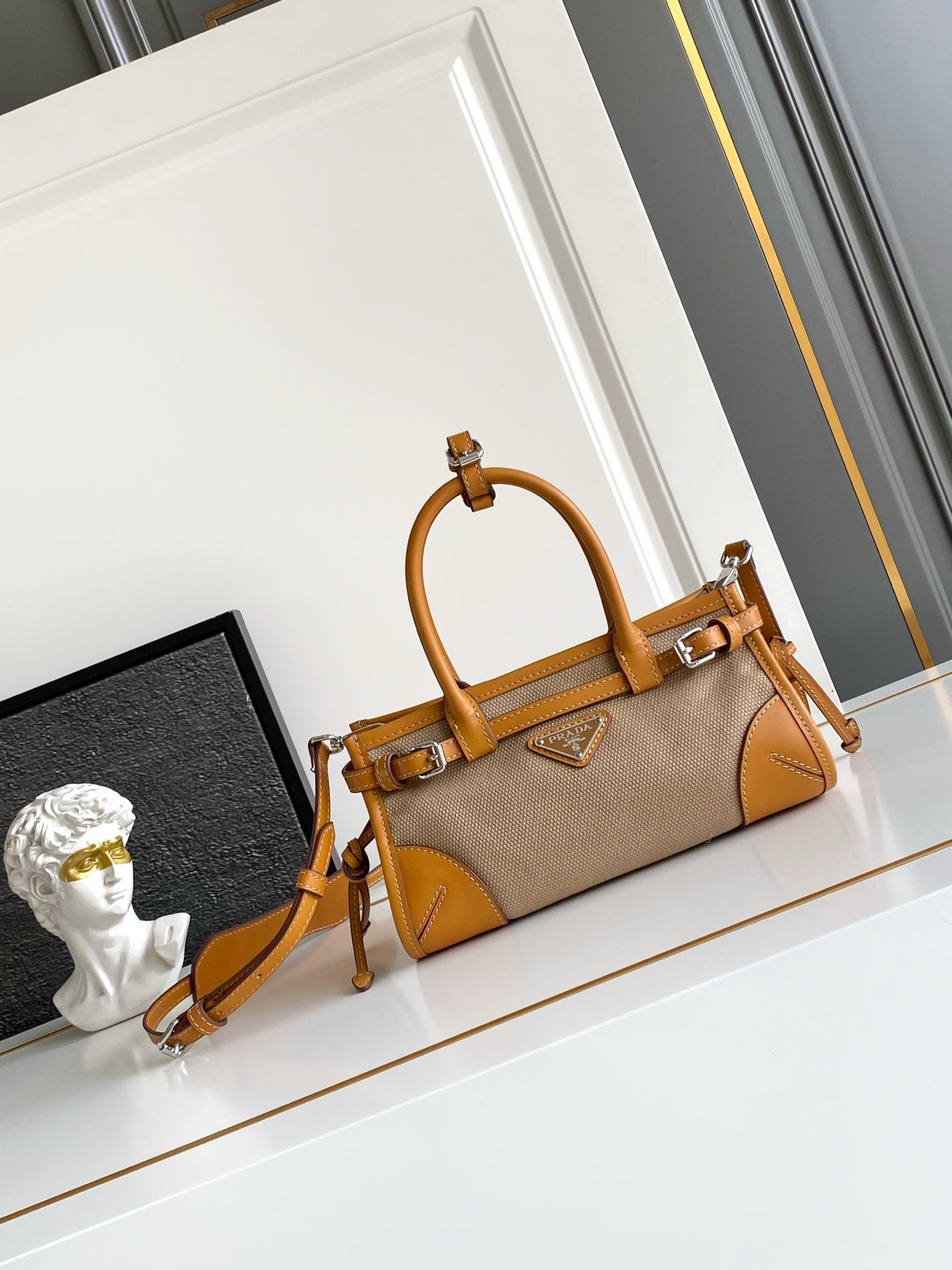 Prada Mini Linen Top Handle Bag – Natural & Amber