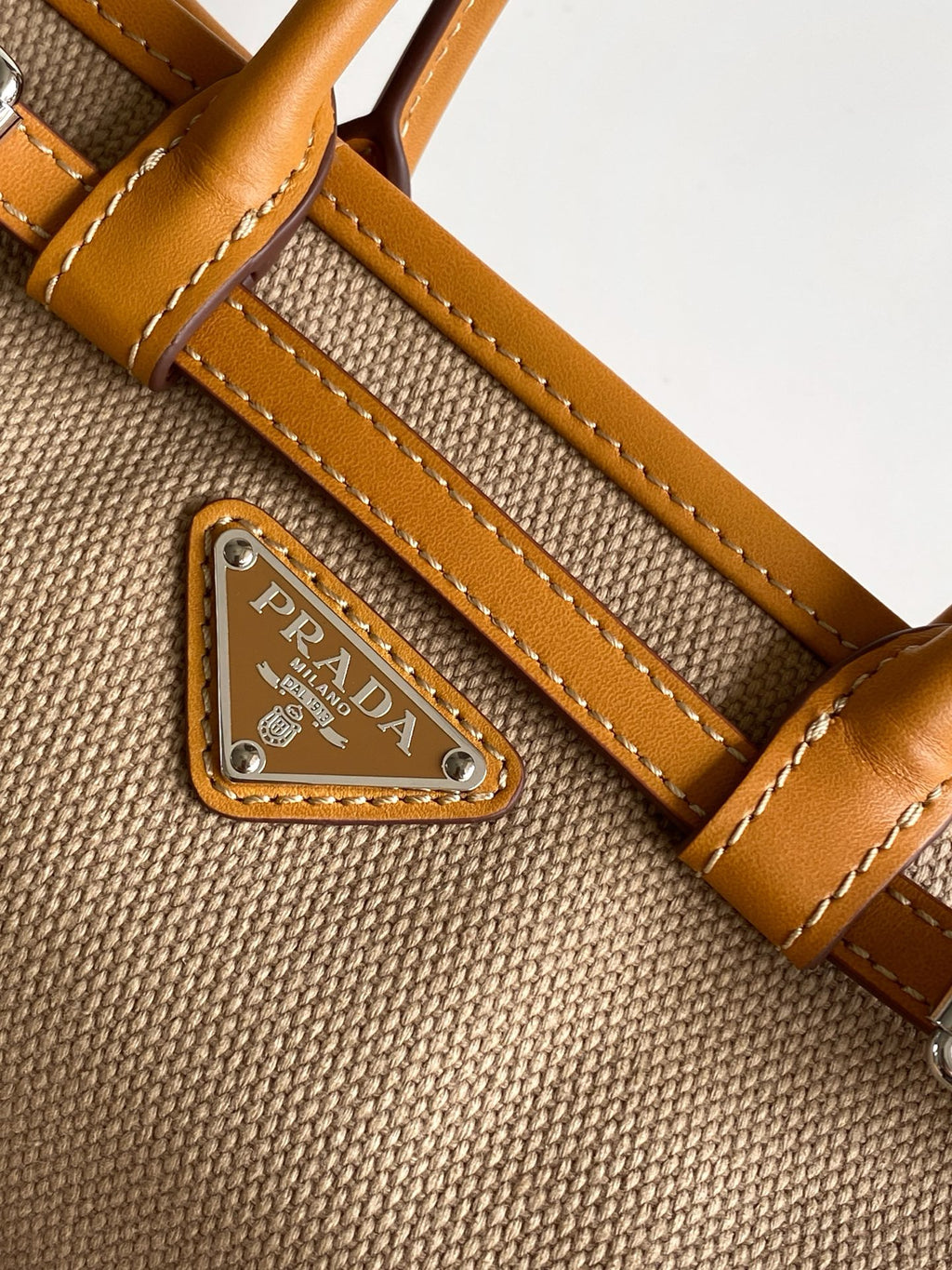 Prada Mini Linen Top Handle Bag – Natural & Amber