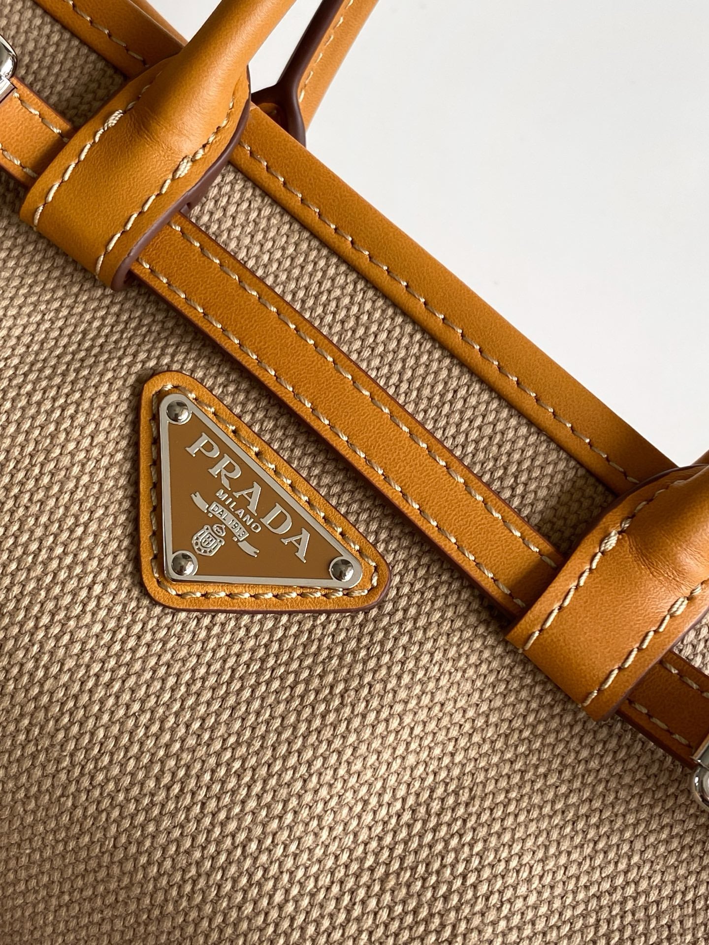 Prada Mini Linen Top Handle Bag – Natural & Amber