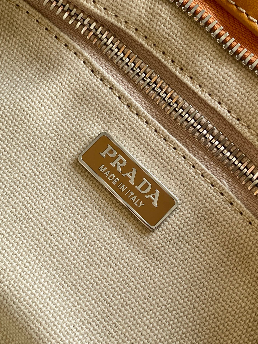 Prada Mini Linen Top Handle Bag – Natural & Amber