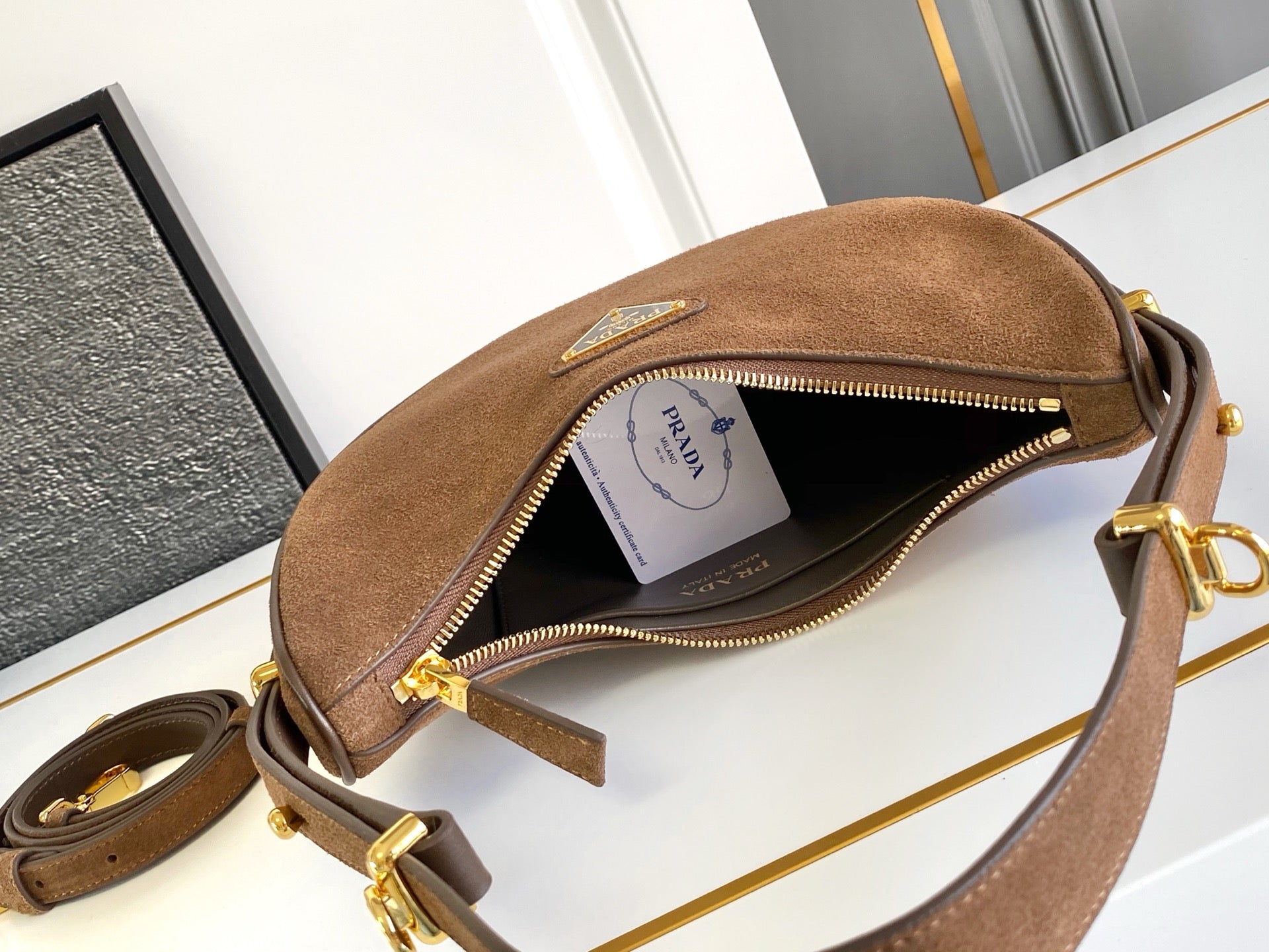 Prada Arque Hobo Bag – Tobacco Suede