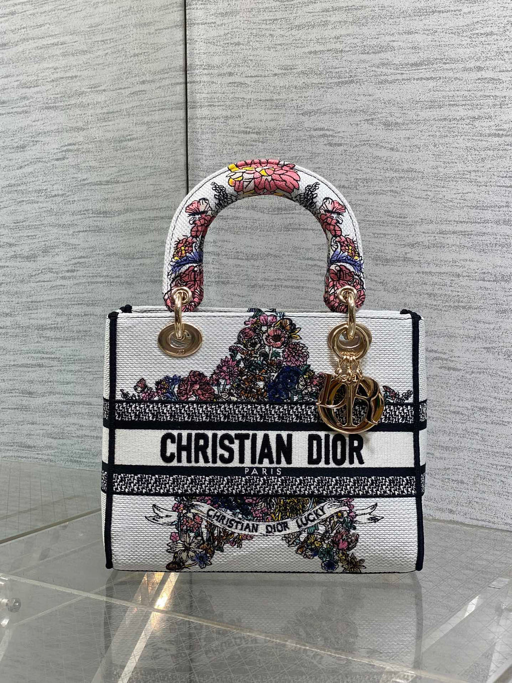 Dior Lady D-Lite Bag – Lucky Flower Embroidery (White / Multicolour)