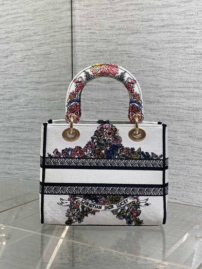 Dior Lady D-Lite Bag – Lucky Flower Embroidery (White / Multicolour)