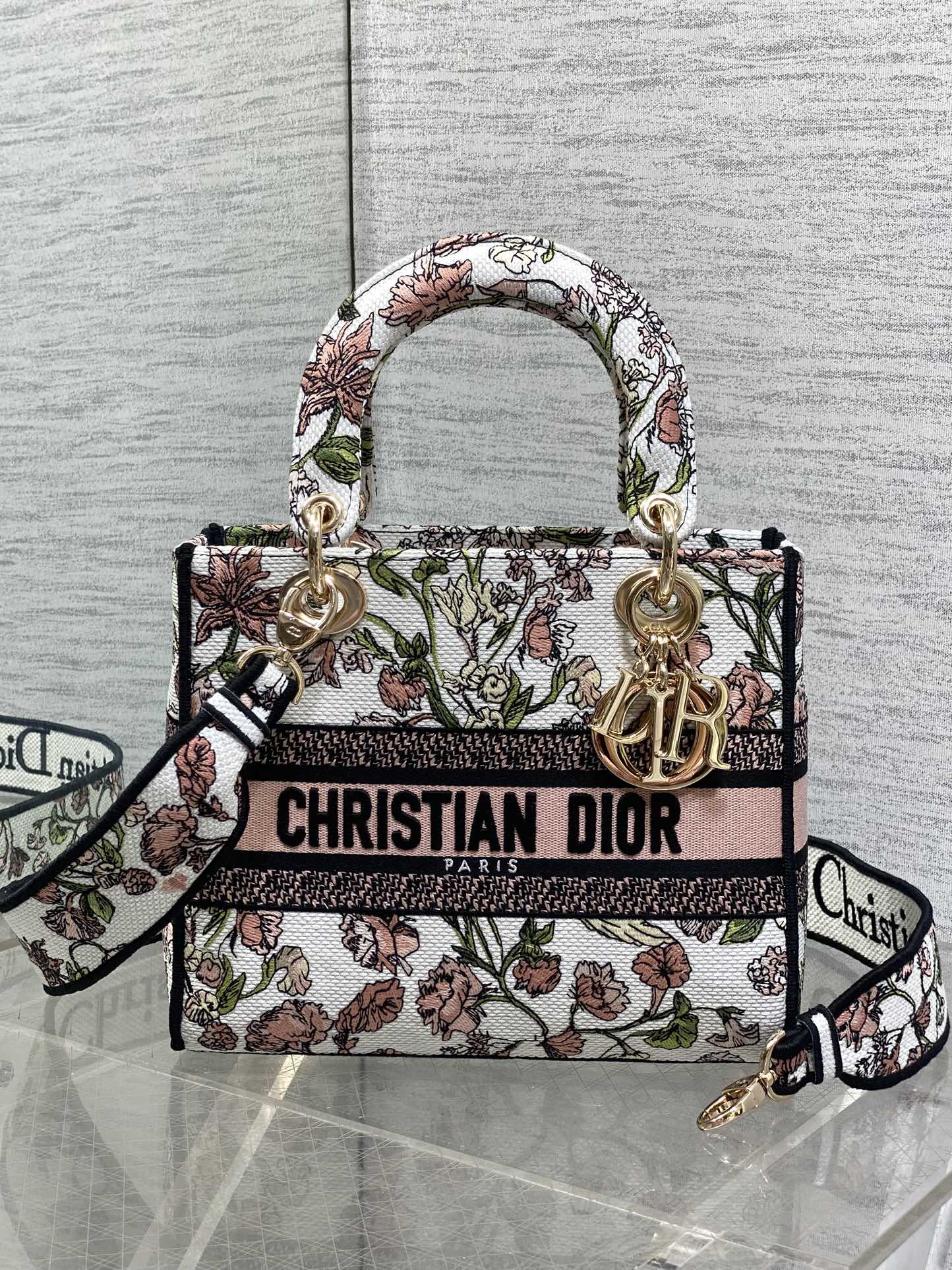 Dior Lady D-Lite Bag – Botanical Floral Embroidery (White / Pink & Green)