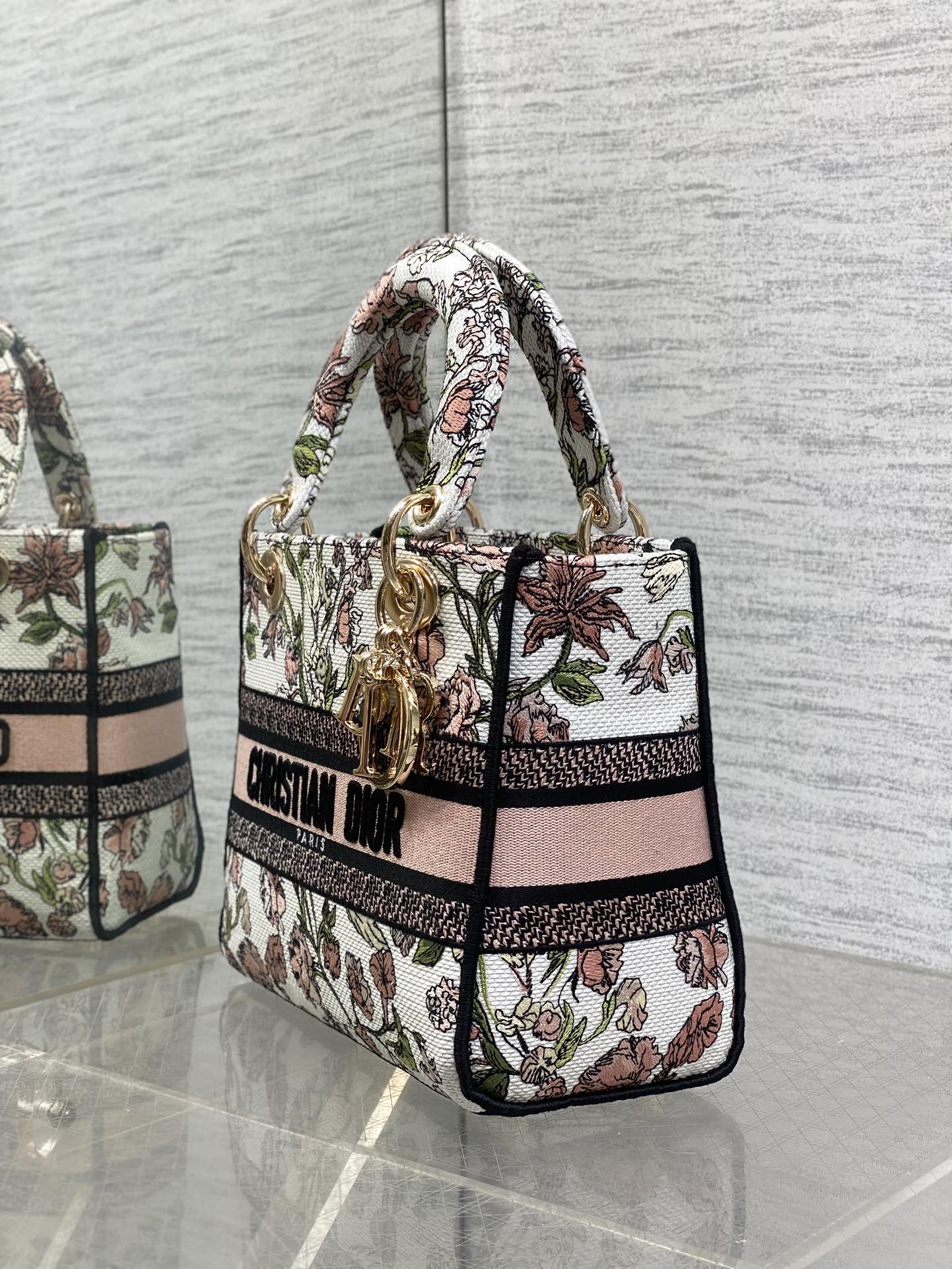 Dior Lady D-Lite Bag – Botanical Floral Embroidery (White / Pink & Green)