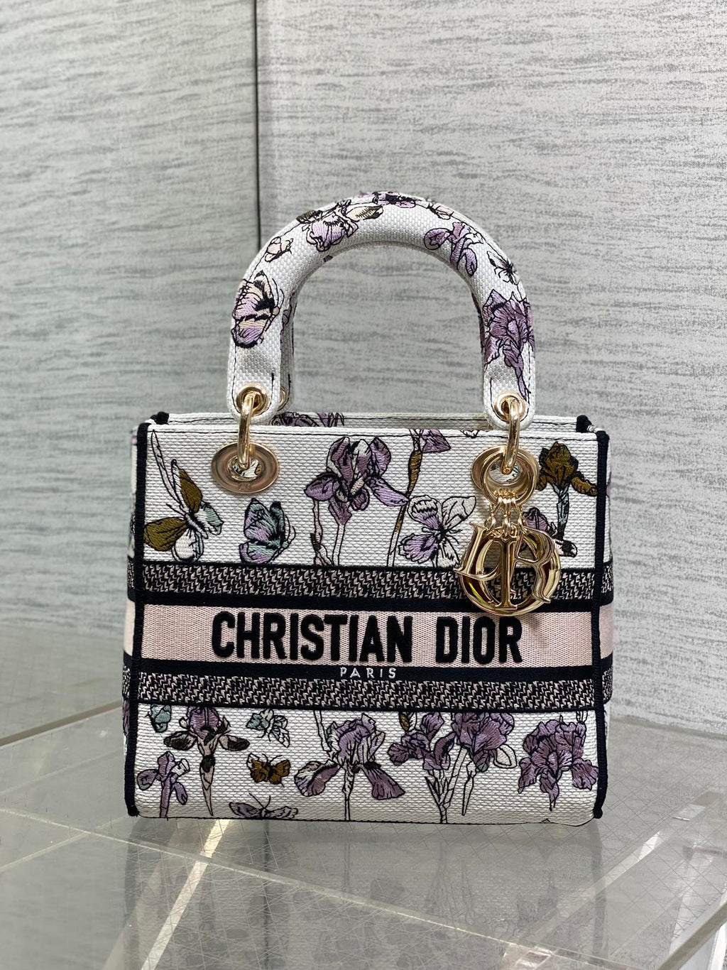 Dior Lady D-Lite Bag – Iris Garden Butterfly Embroidery (White / Lavender)