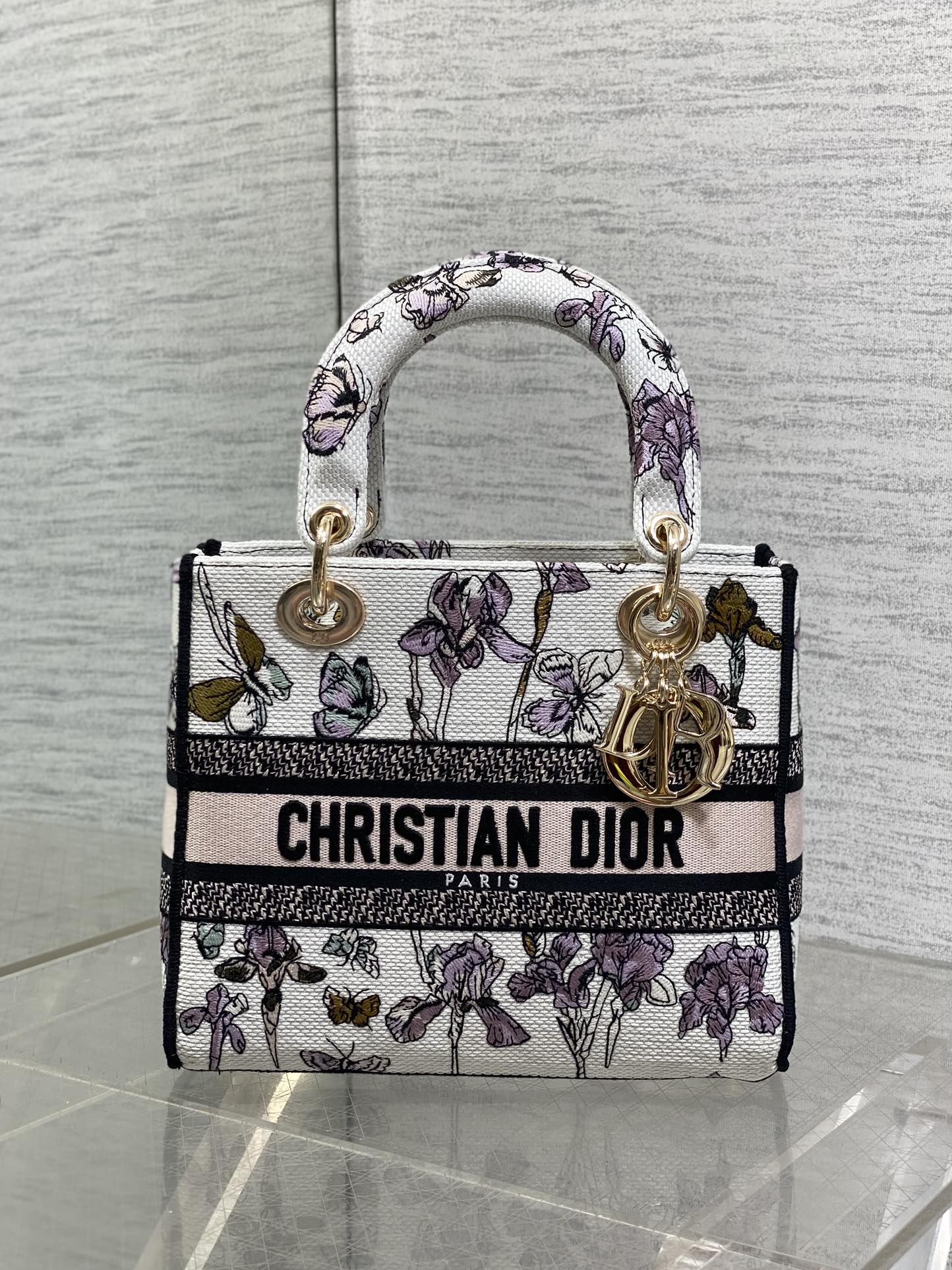 Dior Lady D-Lite Bag – Iris Garden Butterfly Embroidery (White / Lavender)