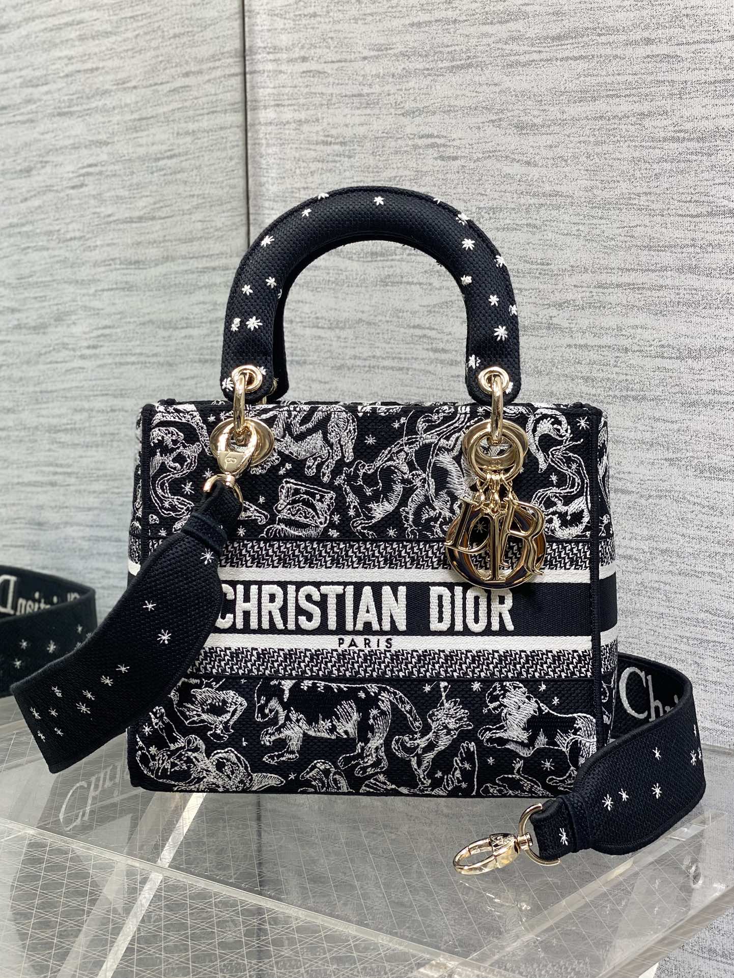 Dior Lady D-Lite Bag – Jungle Animal Constellation Embroidery (Black / White Thread)
