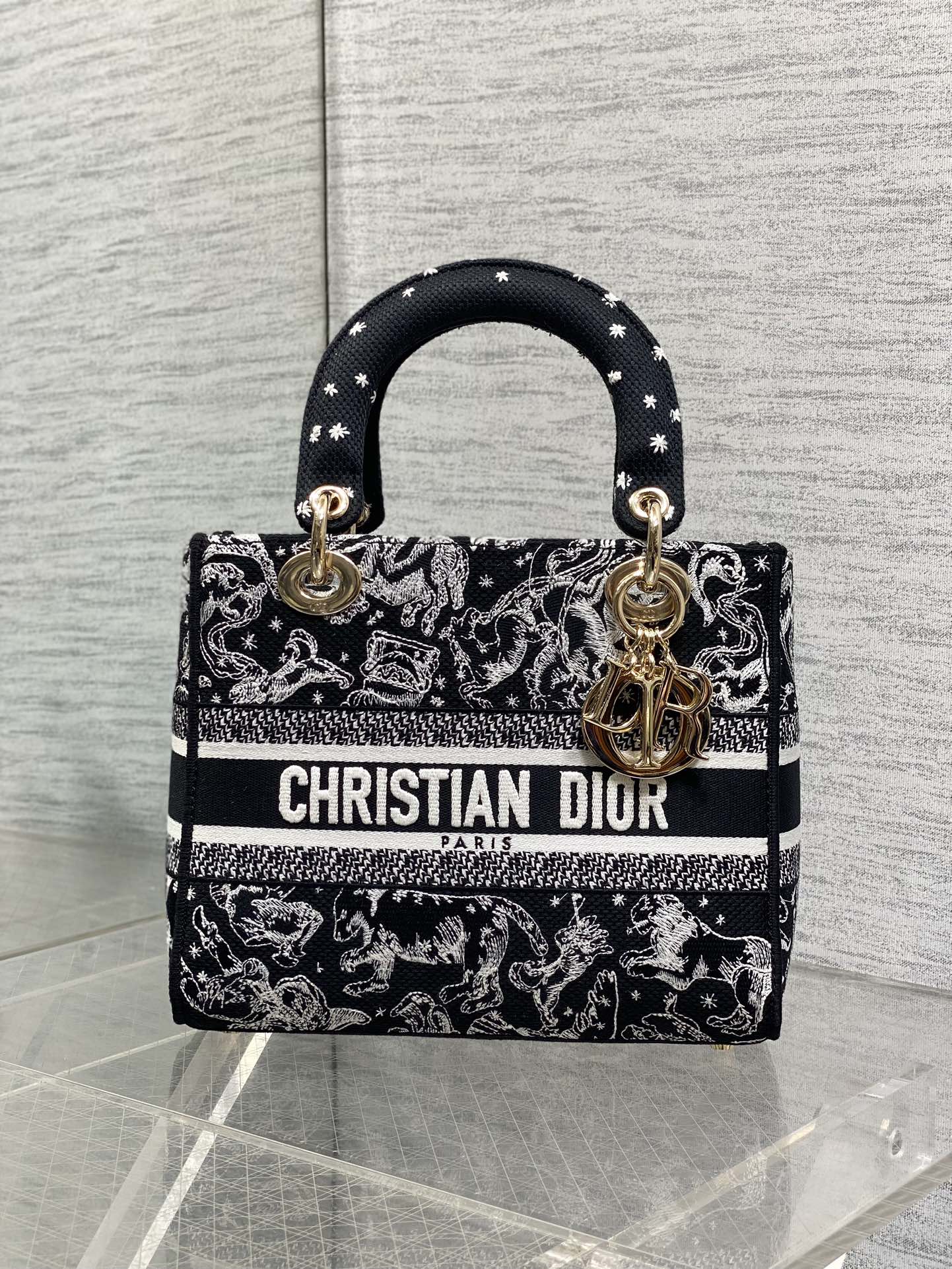 Dior Lady D-Lite Bag – Jungle Animal Constellation Embroidery (Black / White Thread)