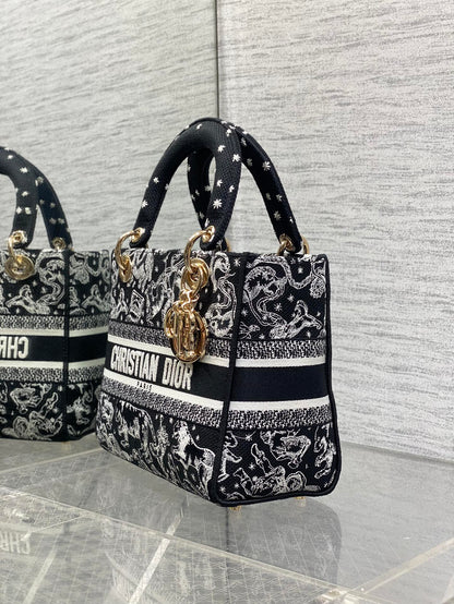Dior Lady D-Lite Bag – Jungle Animal Constellation Embroidery (Black / White Thread)