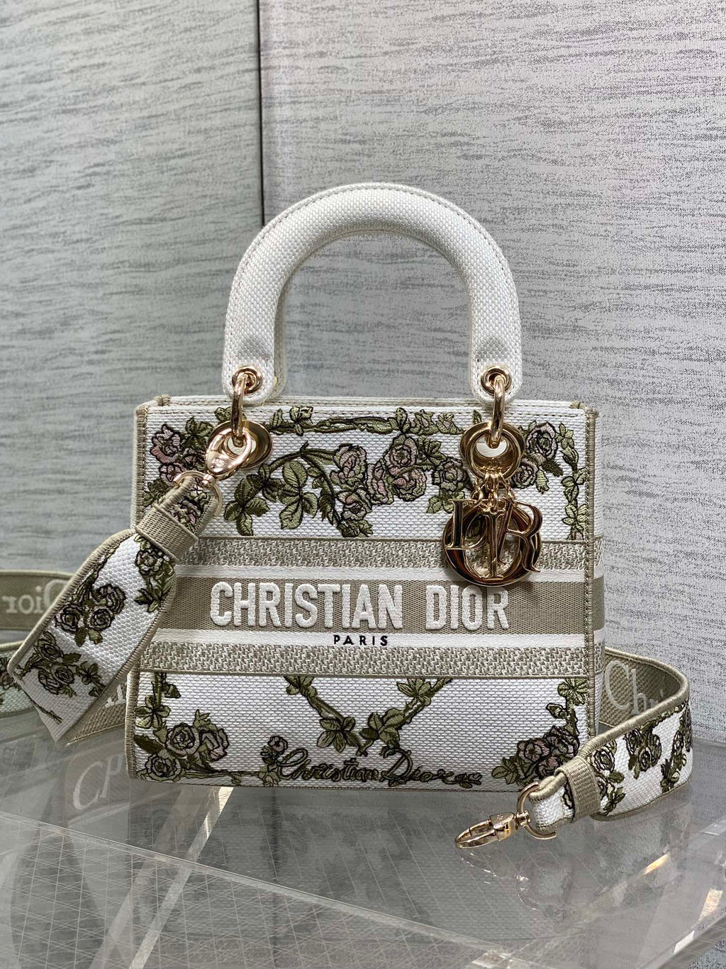 Dior Lady D-Lite Bag – Baroque Rose Vine Embroidery (White / Sage Green)