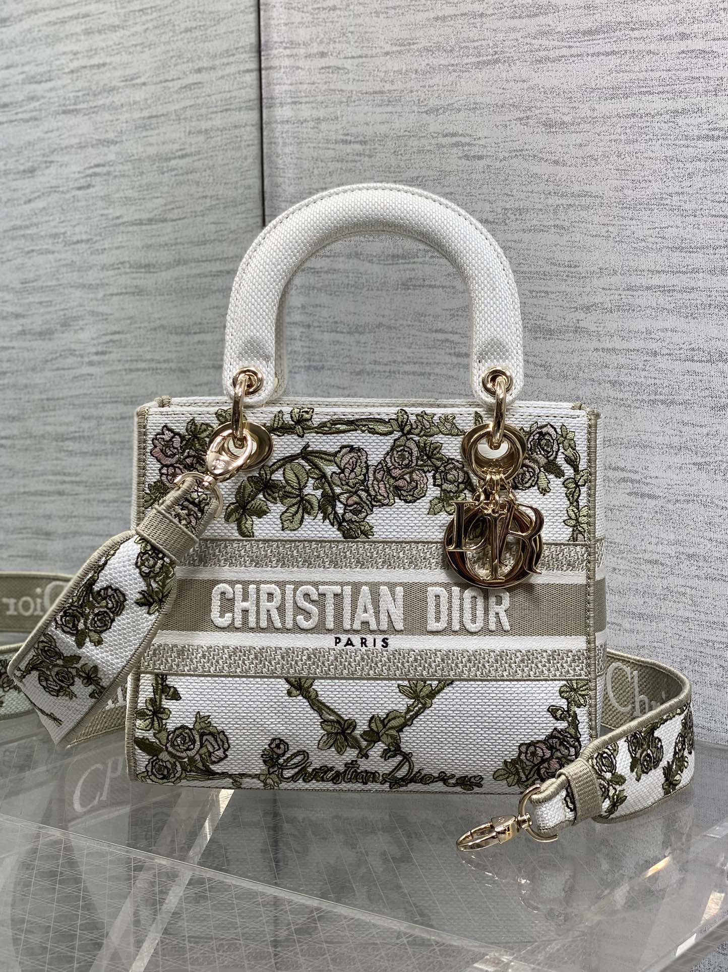 Dior Lady D-Lite Bag – Baroque Rose Vine Embroidery (White / Sage Green)