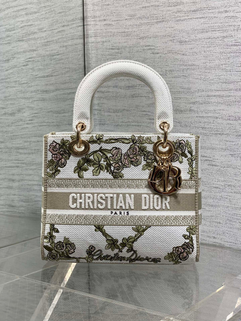 Dior Lady D-Lite Bag – Baroque Rose Vine Embroidery (White / Sage Green)