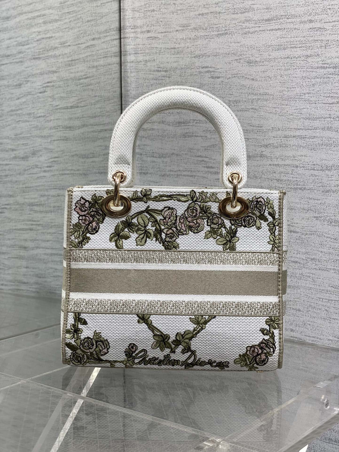 Dior Lady D-Lite Bag – Baroque Rose Vine Embroidery (White / Sage Green)