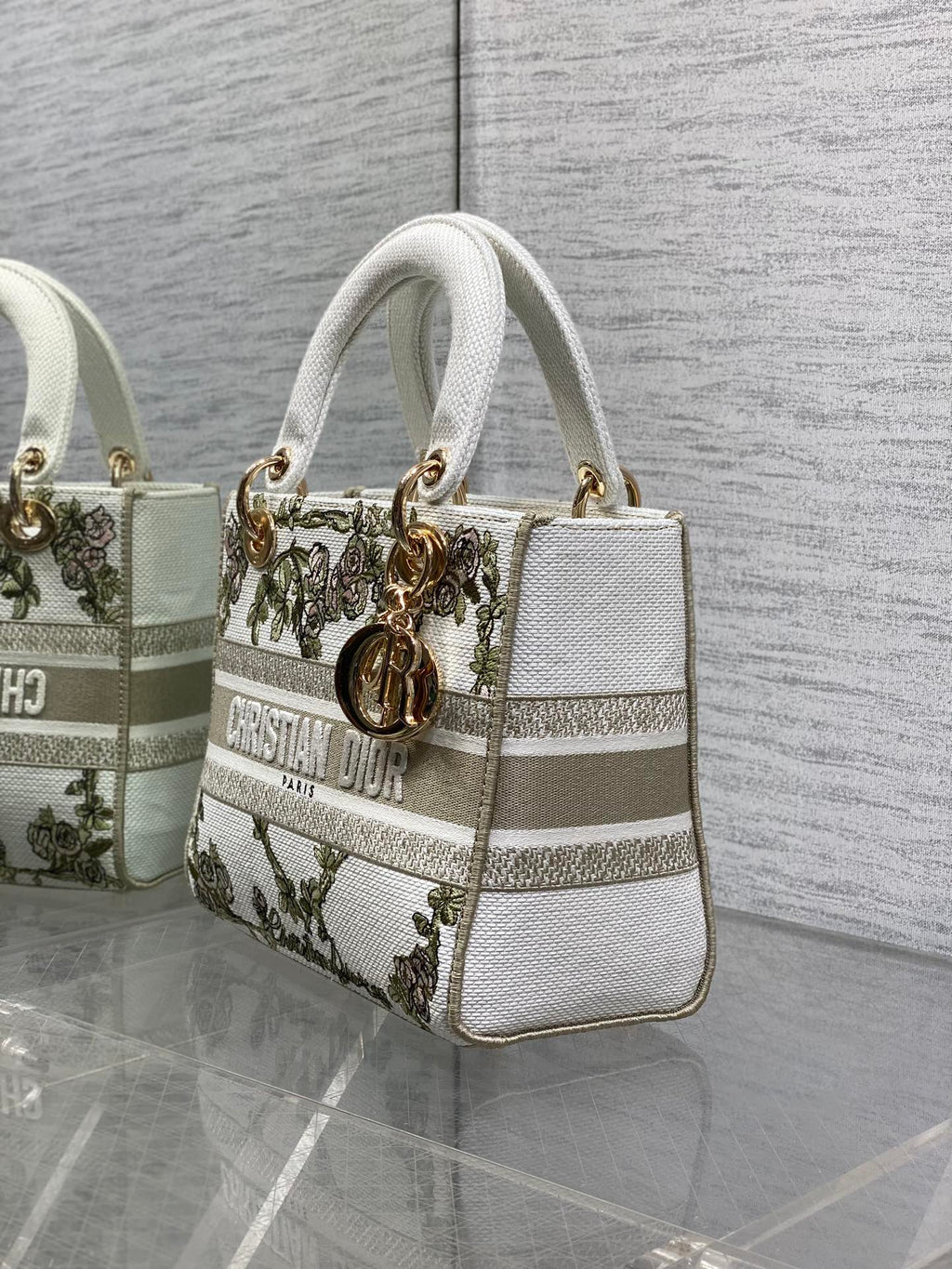Dior Lady D-Lite Bag – Baroque Rose Vine Embroidery (White / Sage Green)