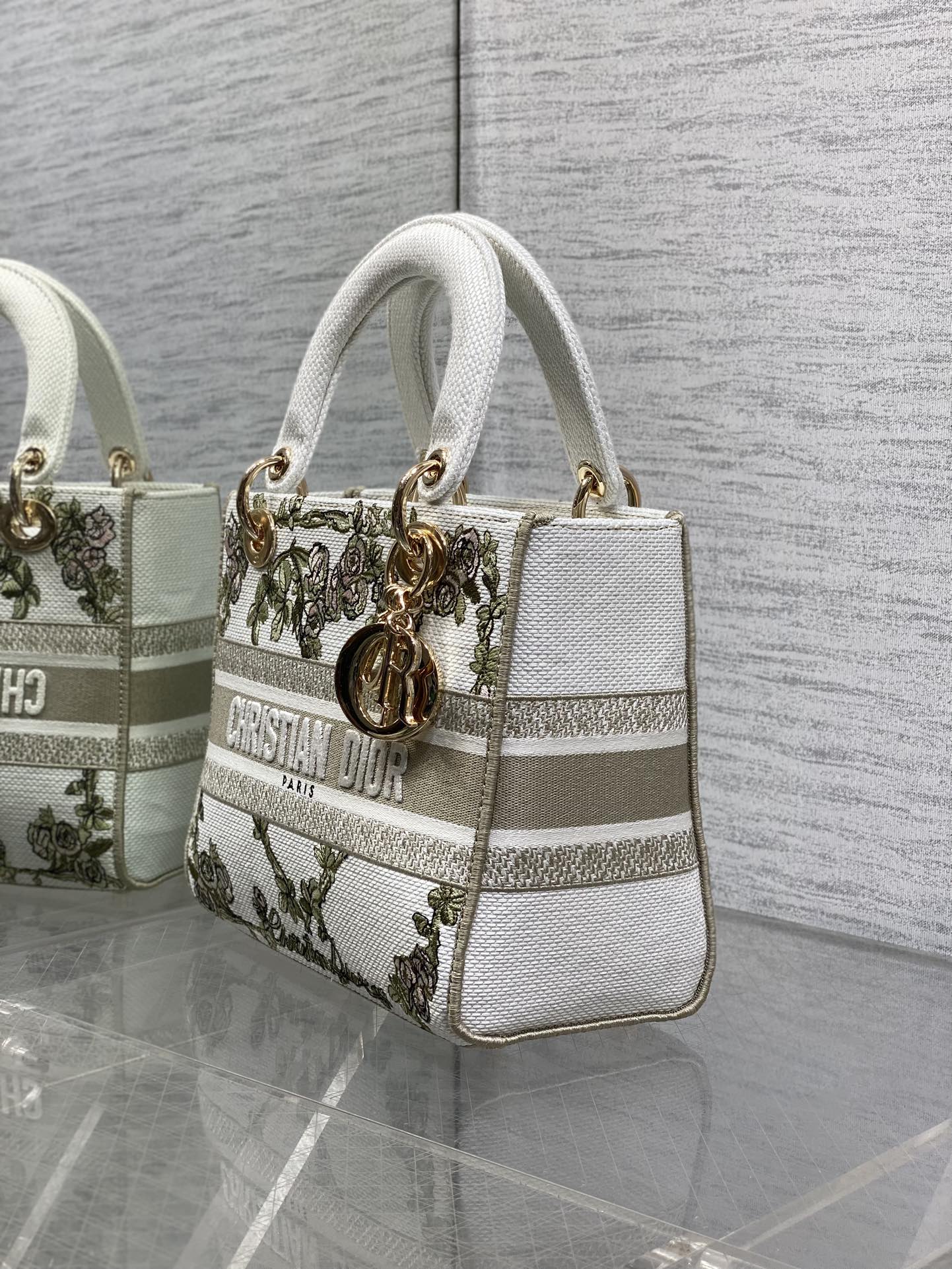 Dior Lady D-Lite Bag – Baroque Rose Vine Embroidery (White / Sage Green)