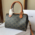 Celine Mini Boston Bag in Triomphe Canvas with Tan Leather Trim and Gold Hardware