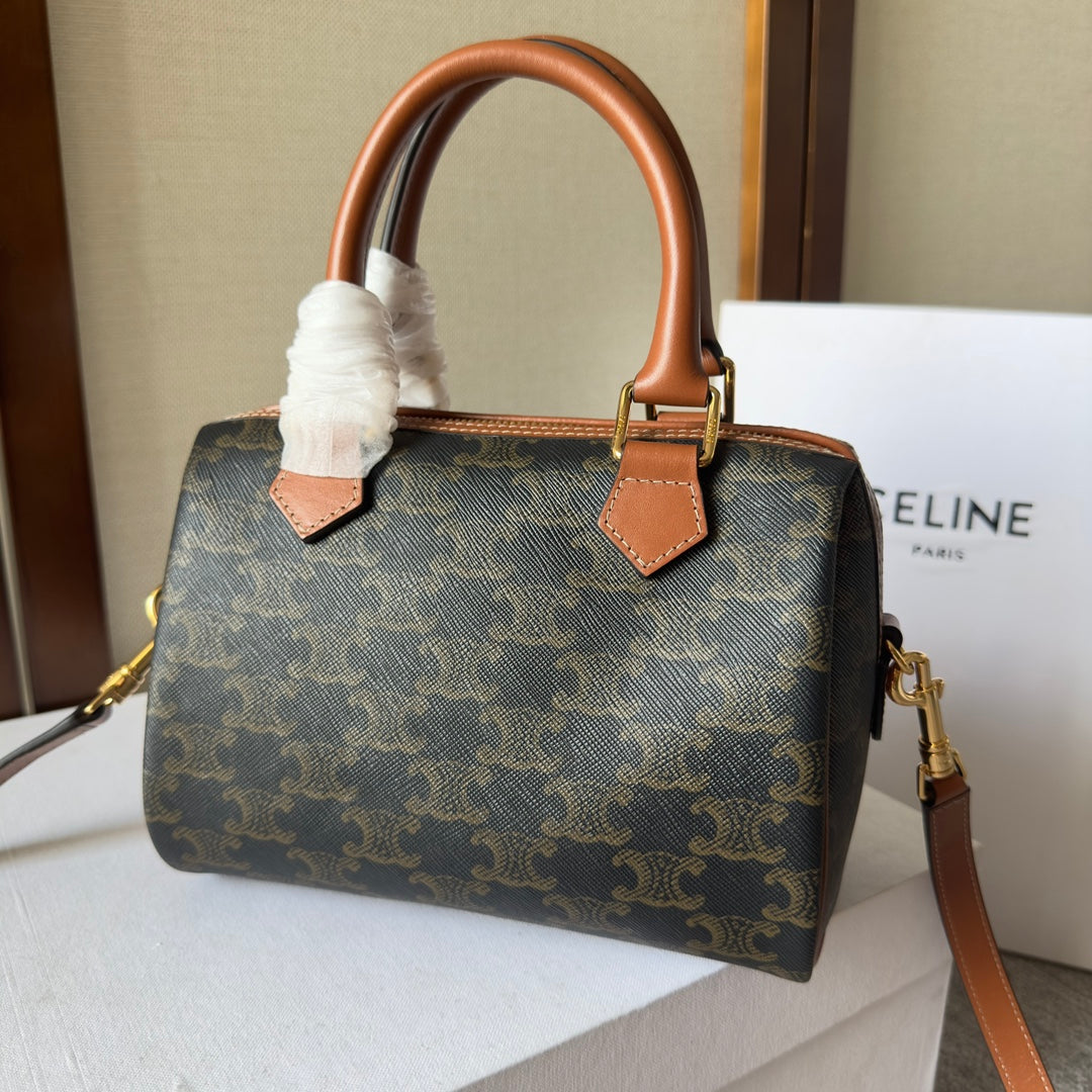 Celine Mini Boston Bag in Triomphe Canvas with Tan Leather Trim and Gold Hardware