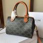 Celine Mini Boston Bag in Triomphe Canvas with Tan Leather Trim and Gold Hardware